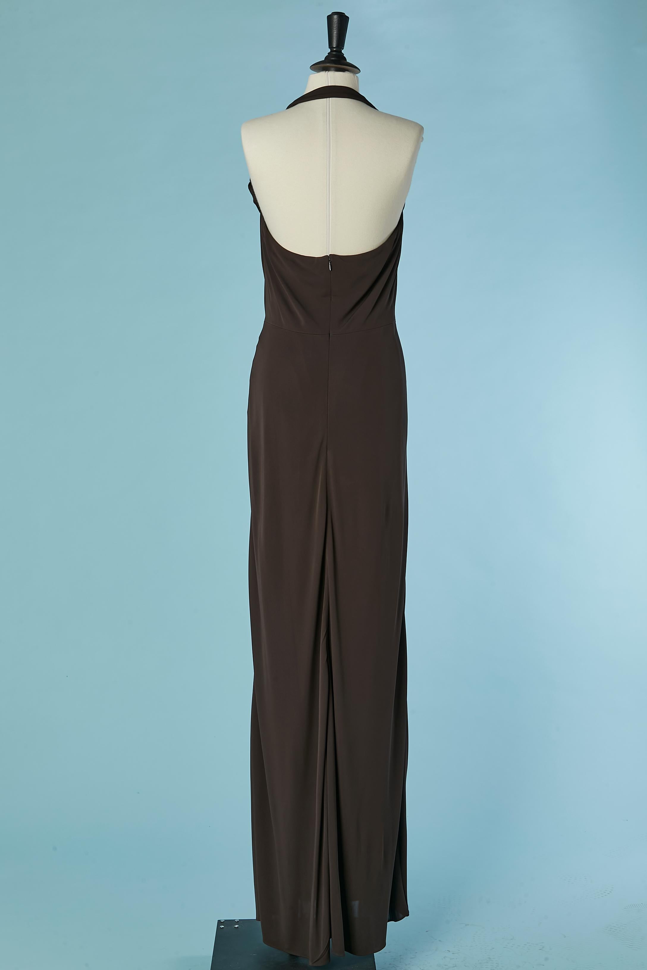 Dark brown backless jersey evening dress with ruffles and buckle ESCADA 1