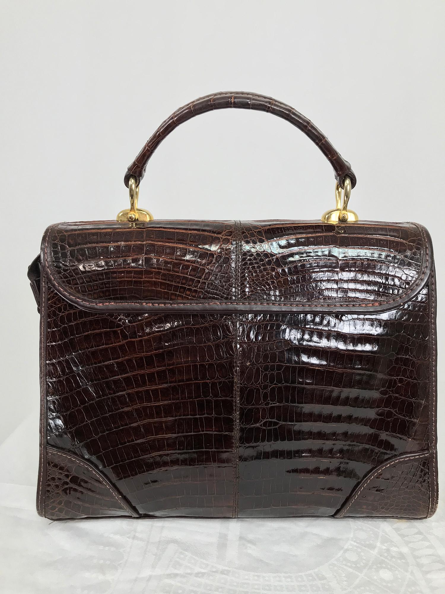 Black Dark Brown Caiman Top Handle Satchel with Shoulder Strap