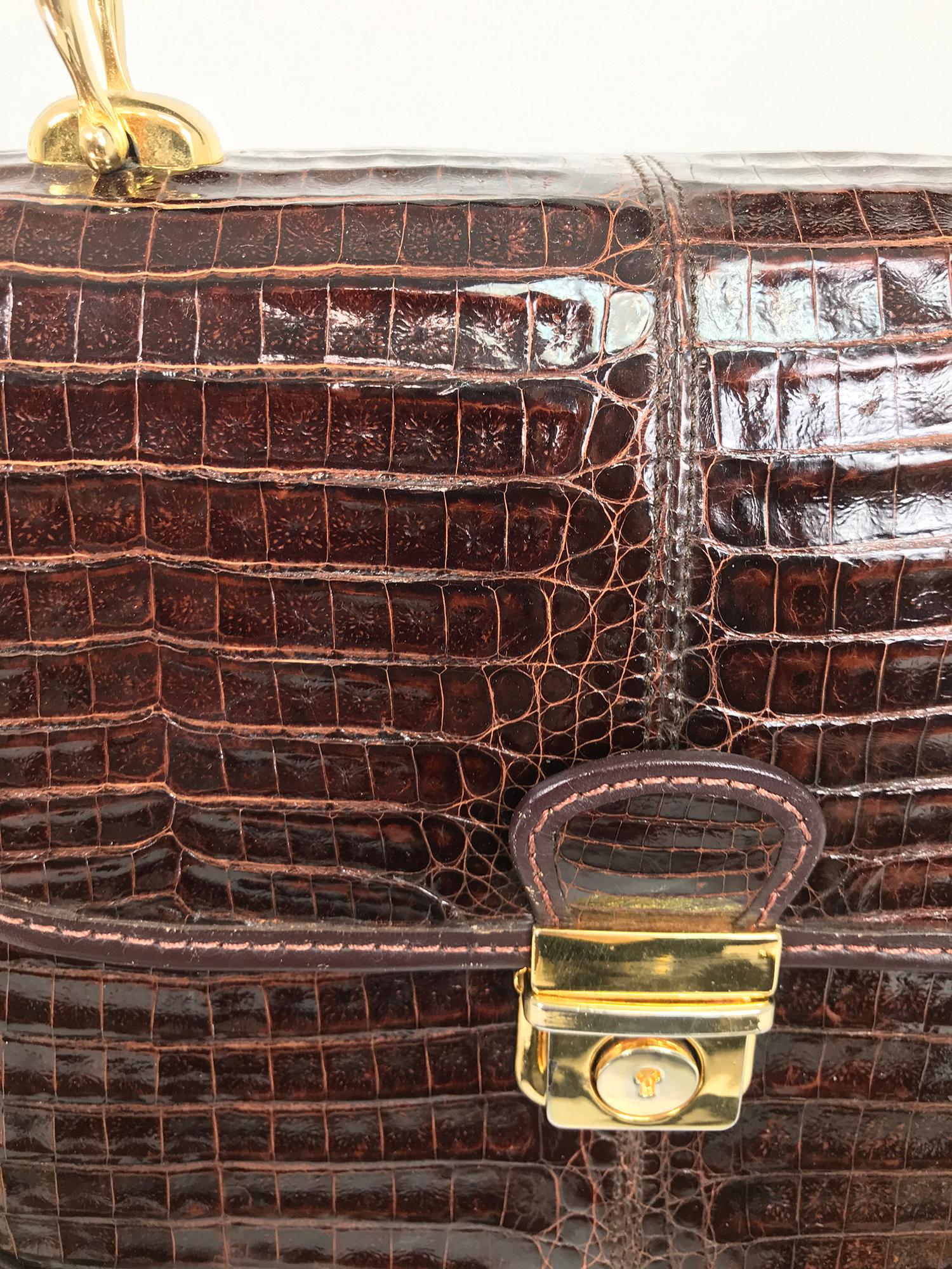 Women's or Men's Dark Brown Caiman Top Handle Satchel with Shoulder Strap