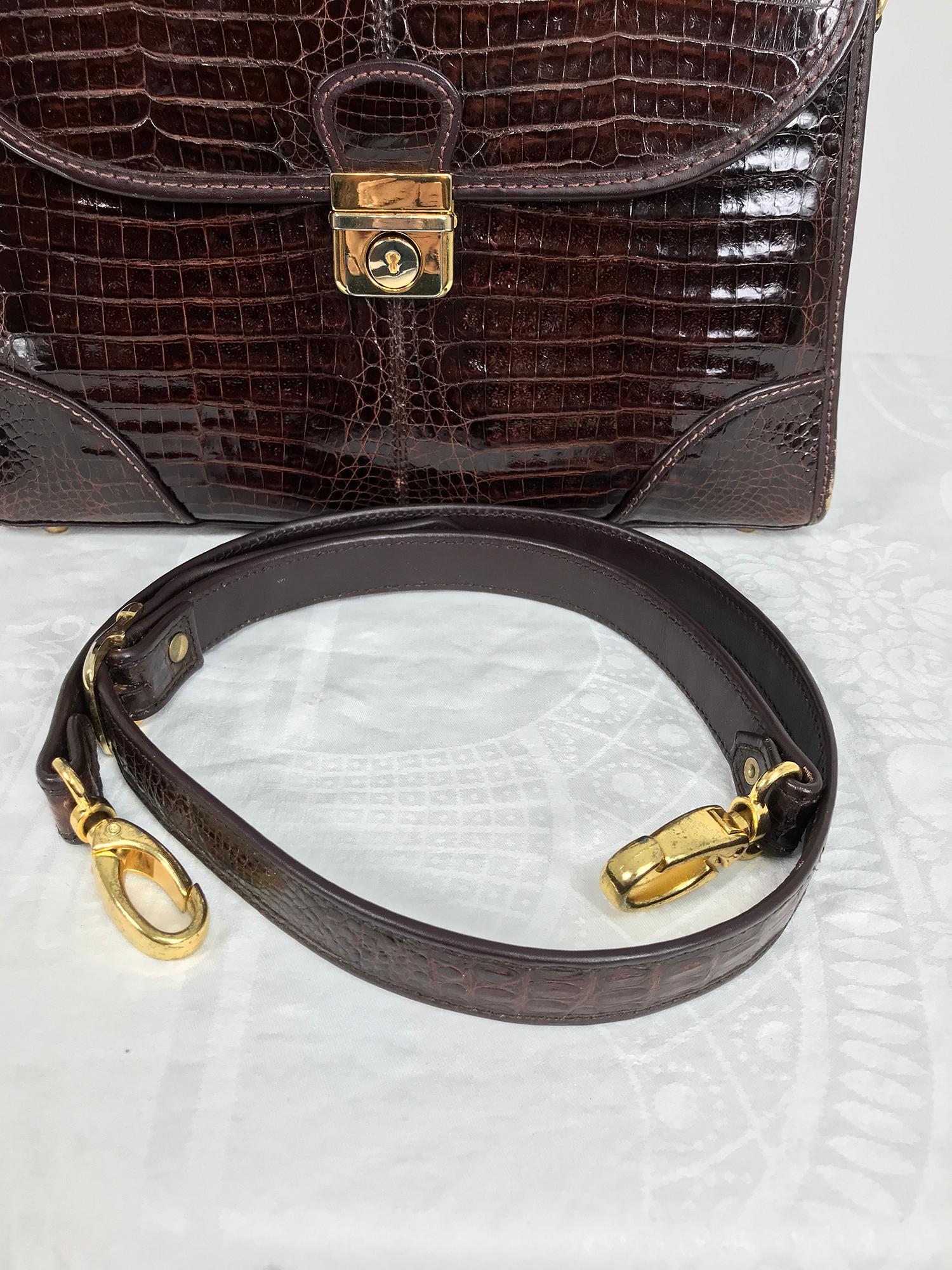 Dark Brown Caiman Top Handle Satchel with Shoulder Strap 1