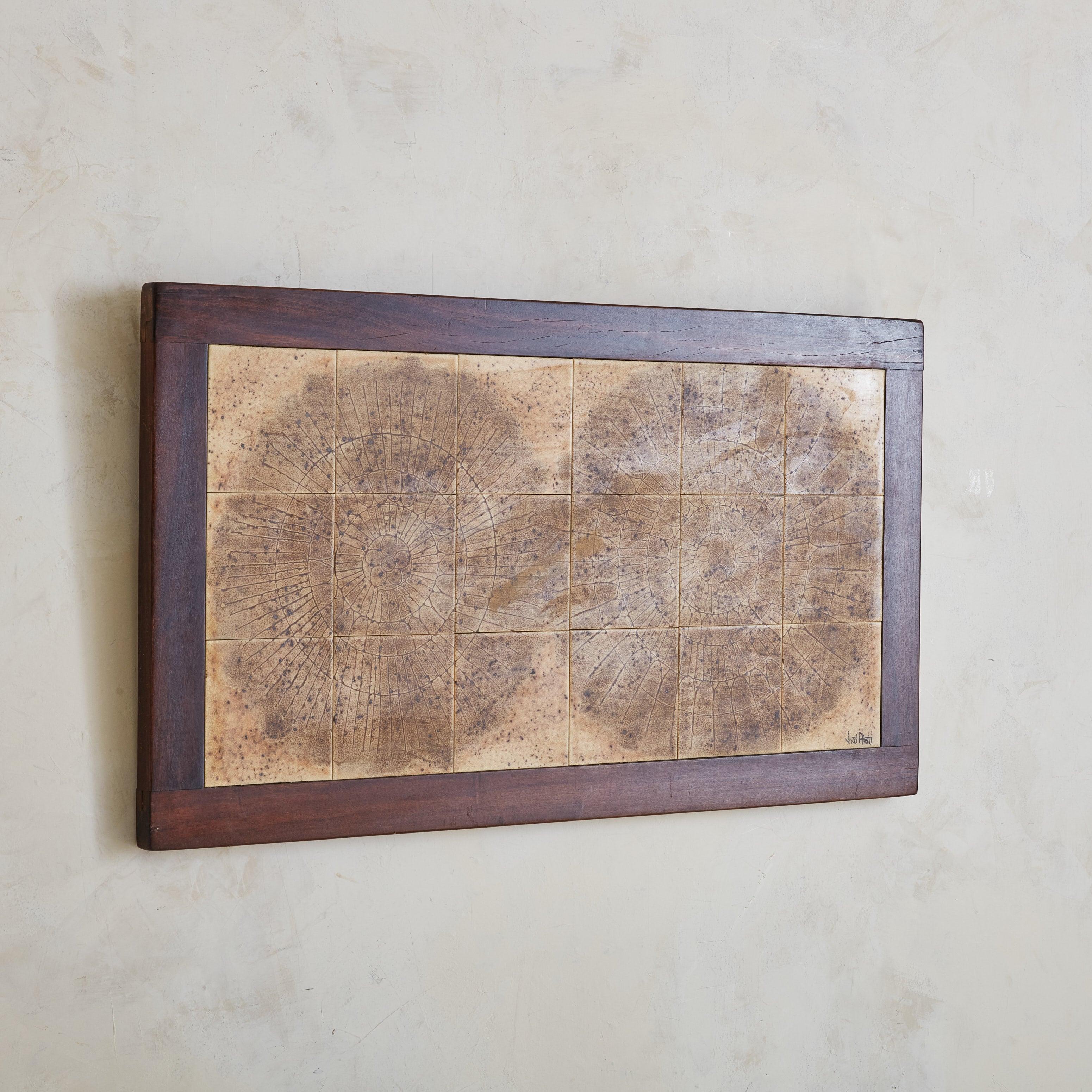 Mid-Century Modern Dark Brown Ceramic Tile Wall Sculpture with Wood Frame by Jean D'asti, France For Sale