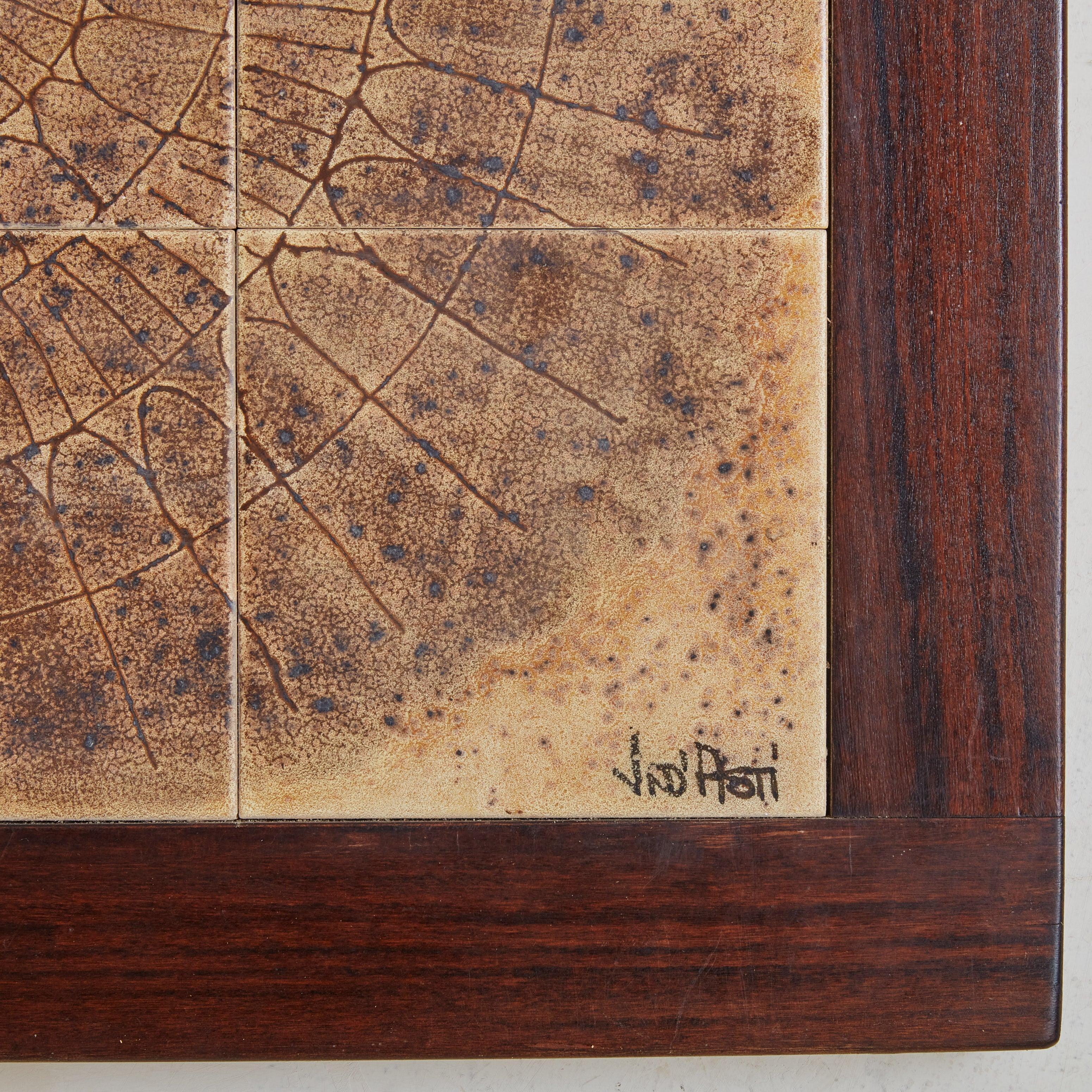 French Dark Brown Ceramic Tile Wall Sculpture with Wood Frame by Jean D'asti, France For Sale