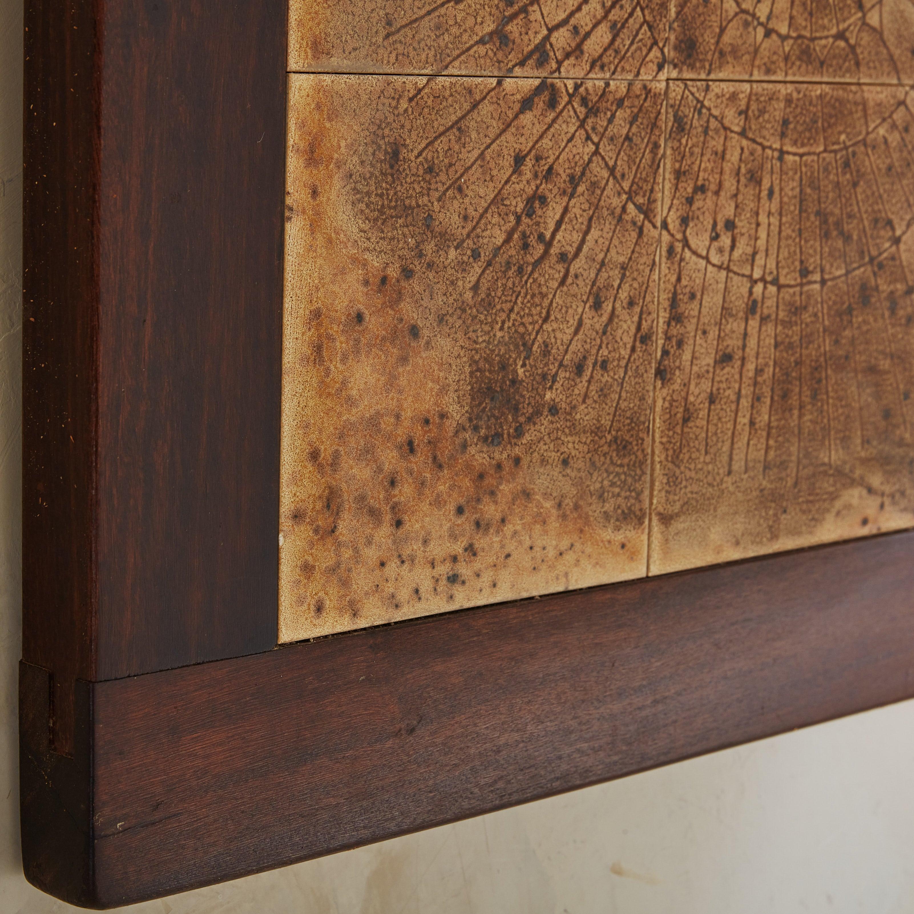 Dark Brown Ceramic Tile Wall Sculpture with Wood Frame by Jean D'asti, France For Sale 2