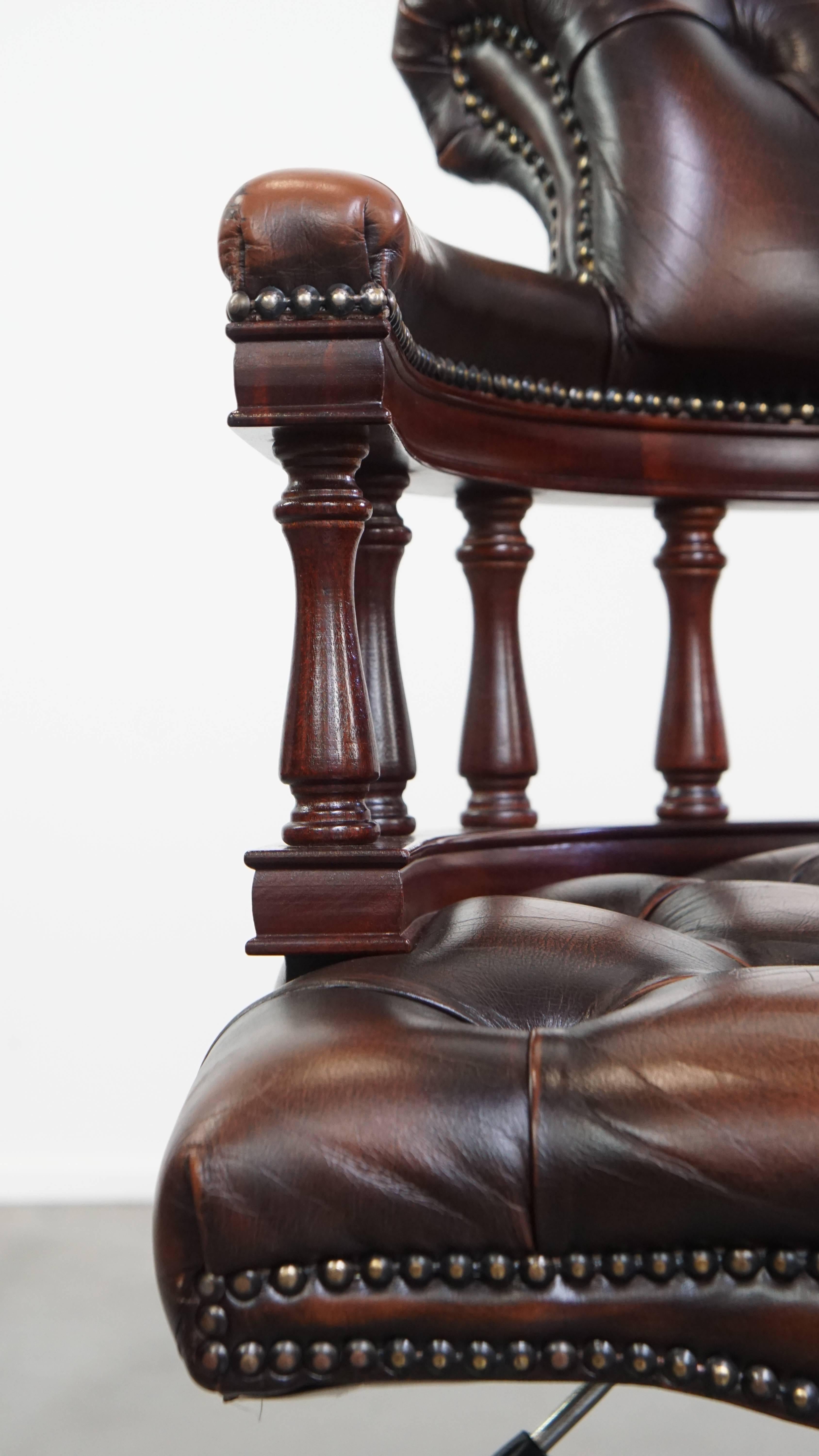 Dark Brown Chesterfield Office Chair in Cowhide Leather and Wood For Sale 8