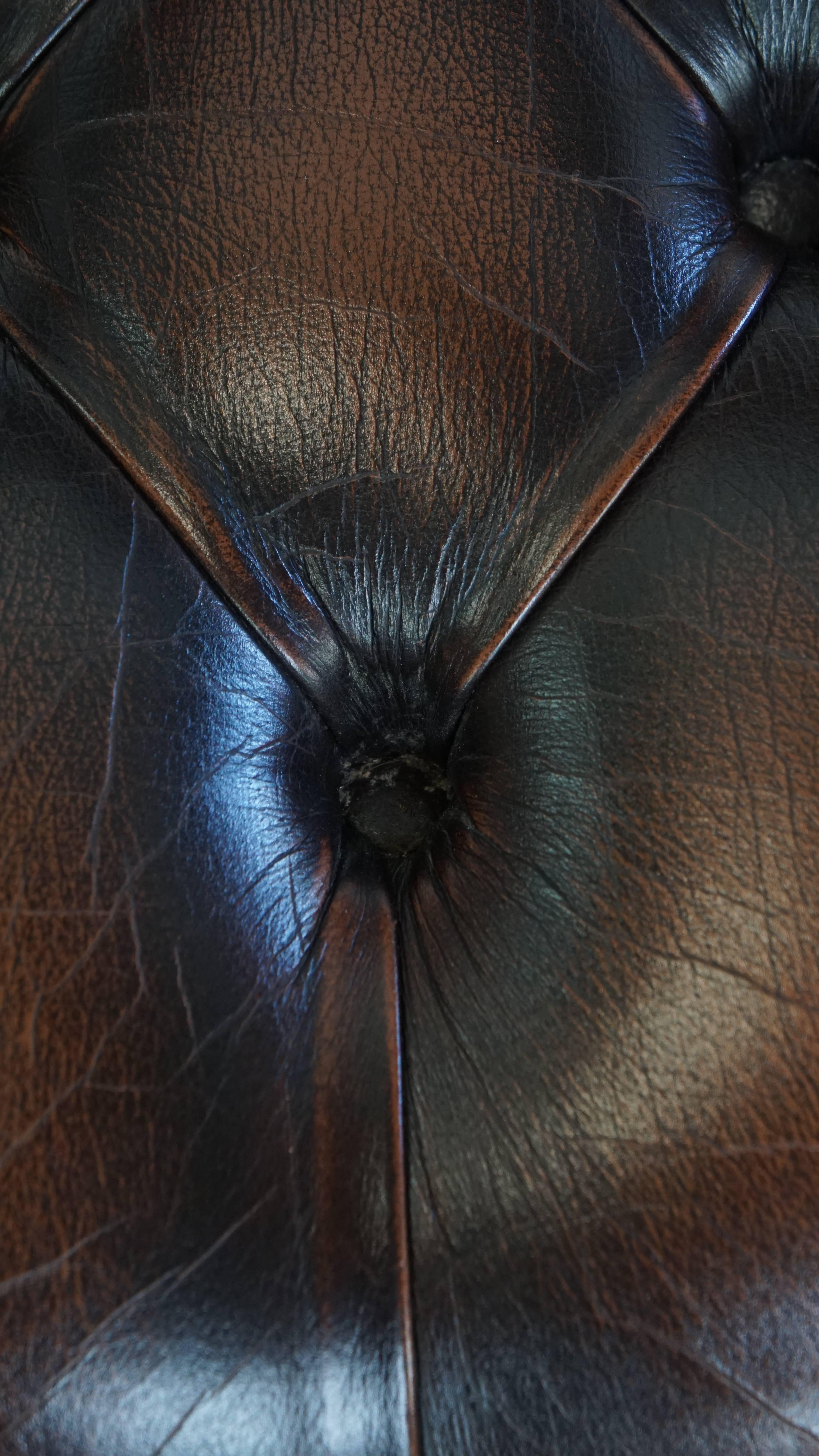 Dark Brown Chesterfield Office Chair in Cowhide Leather and Wood For Sale 11