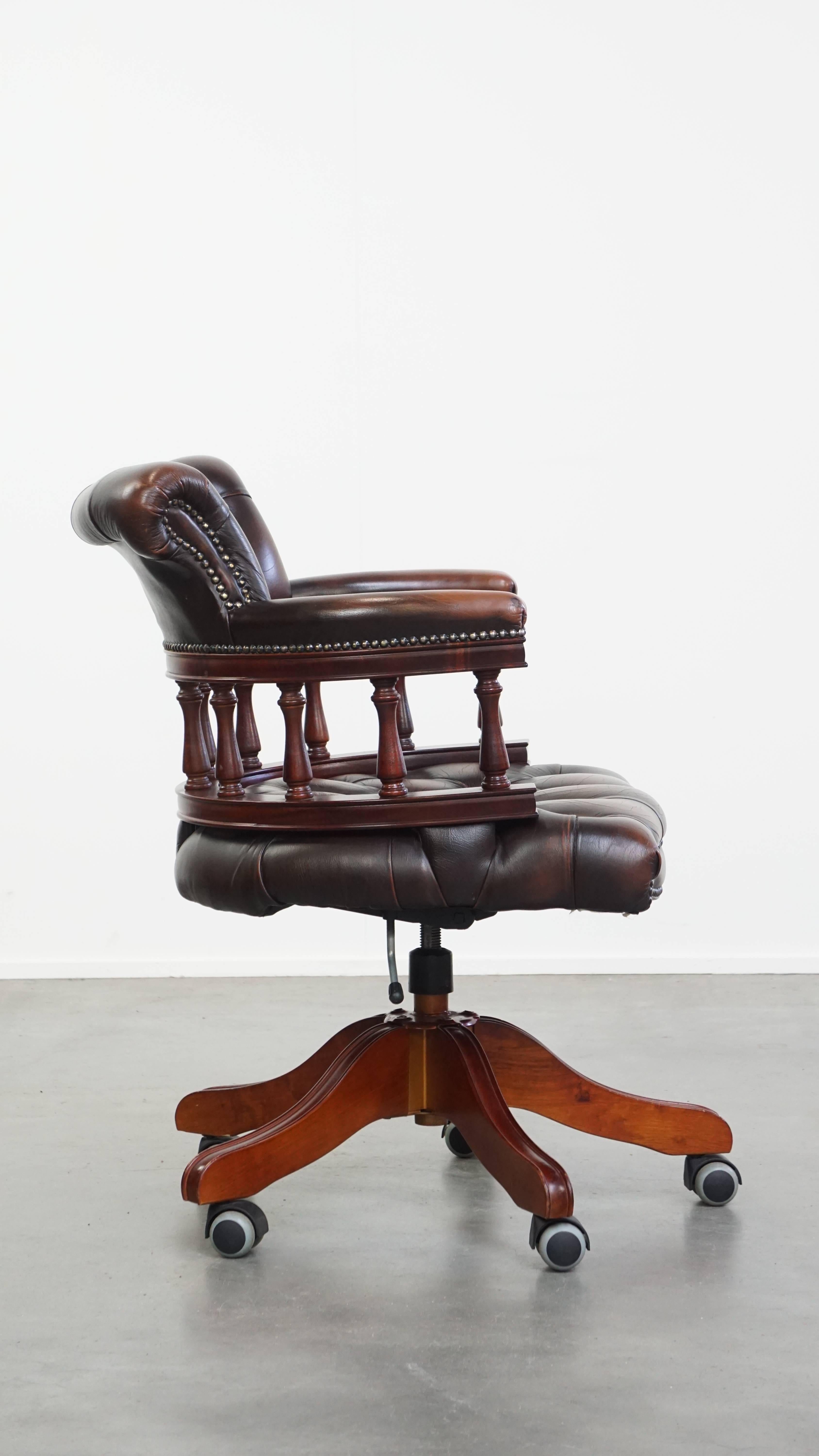 Hand-Crafted Dark Brown Chesterfield Office Chair in Cowhide Leather and Wood For Sale