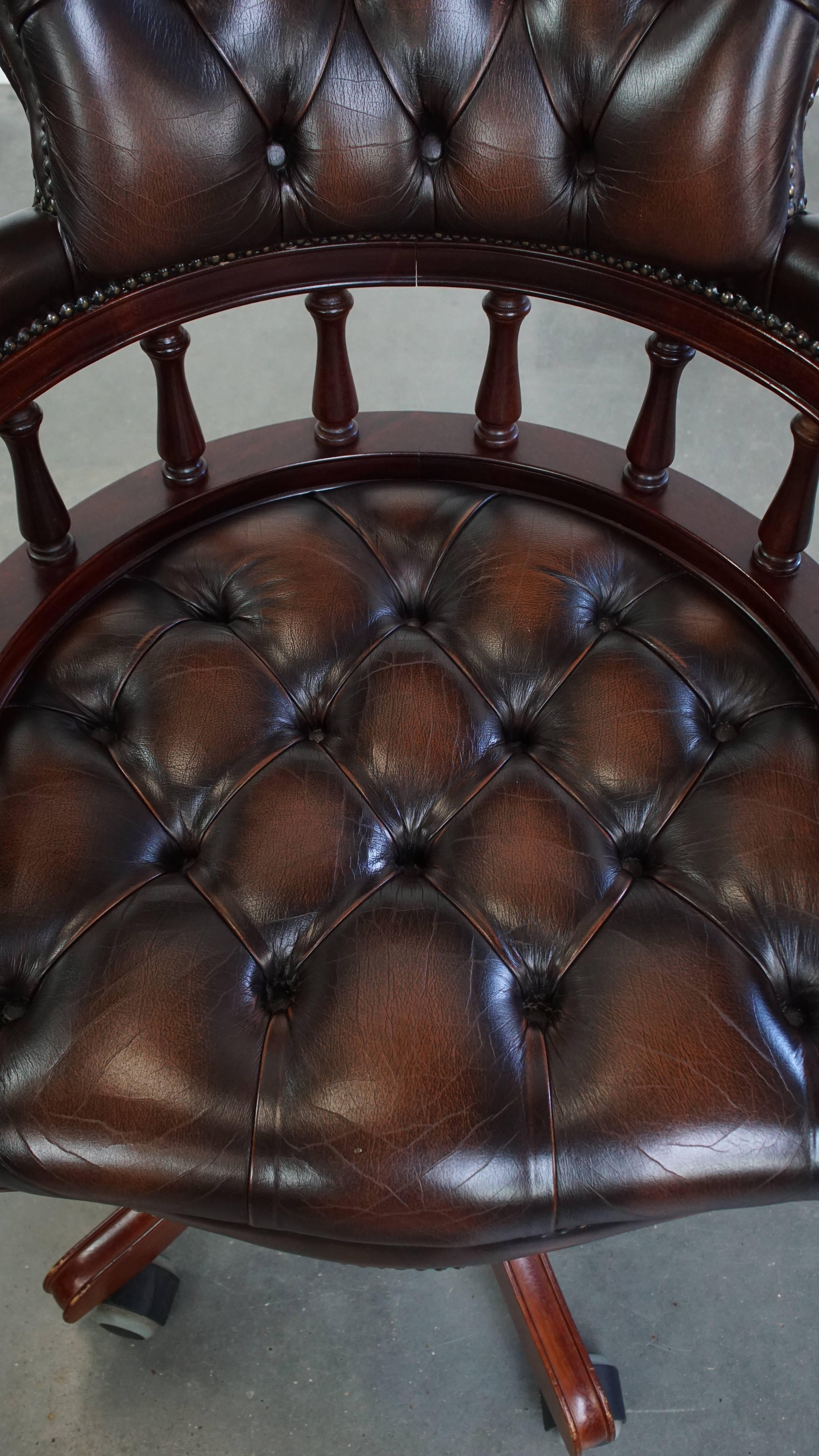 Dark Brown Chesterfield Office Chair in Cowhide Leather and Wood For Sale 1