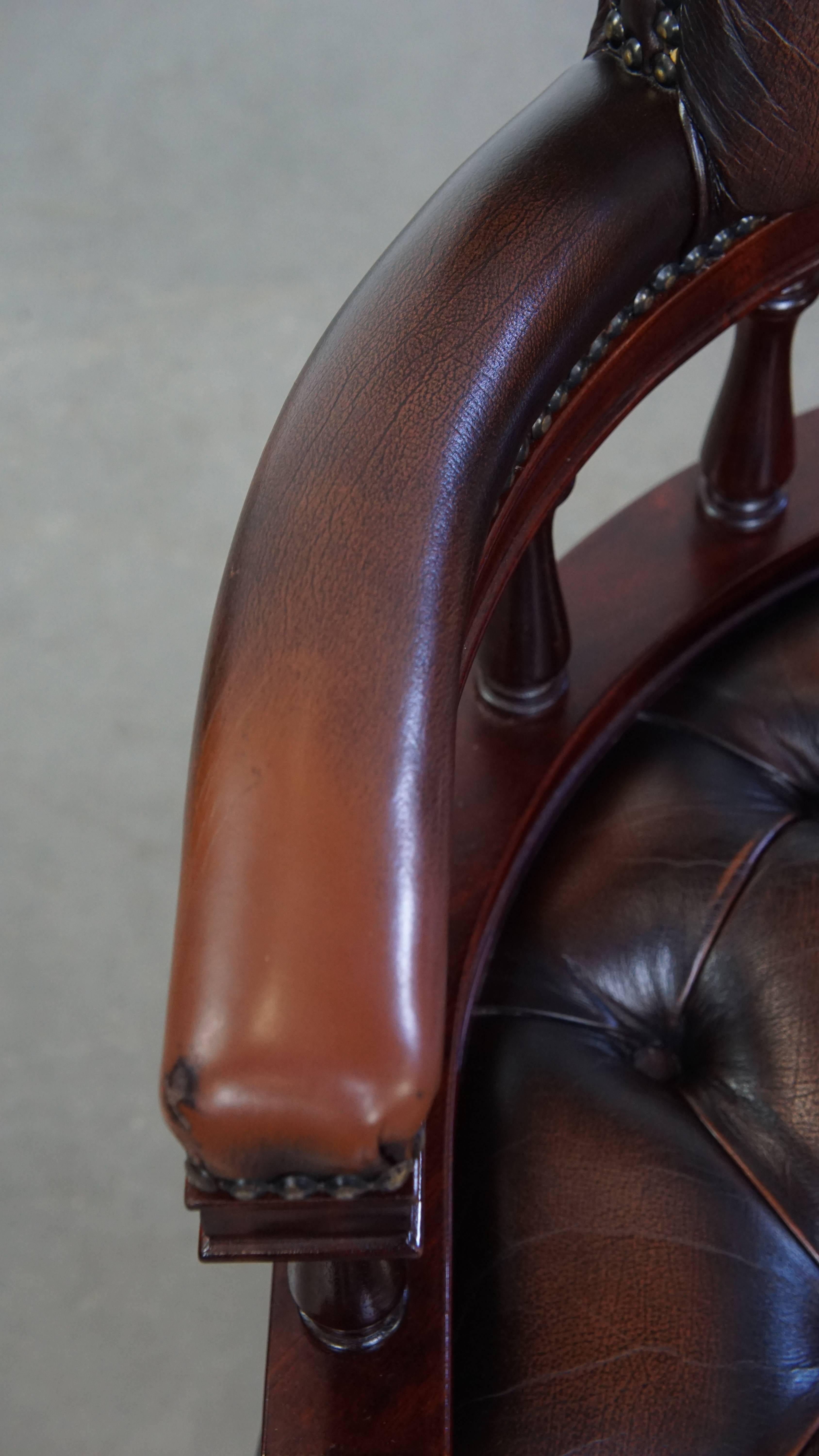 Dark Brown Chesterfield Office Chair in Cowhide Leather and Wood For Sale 2