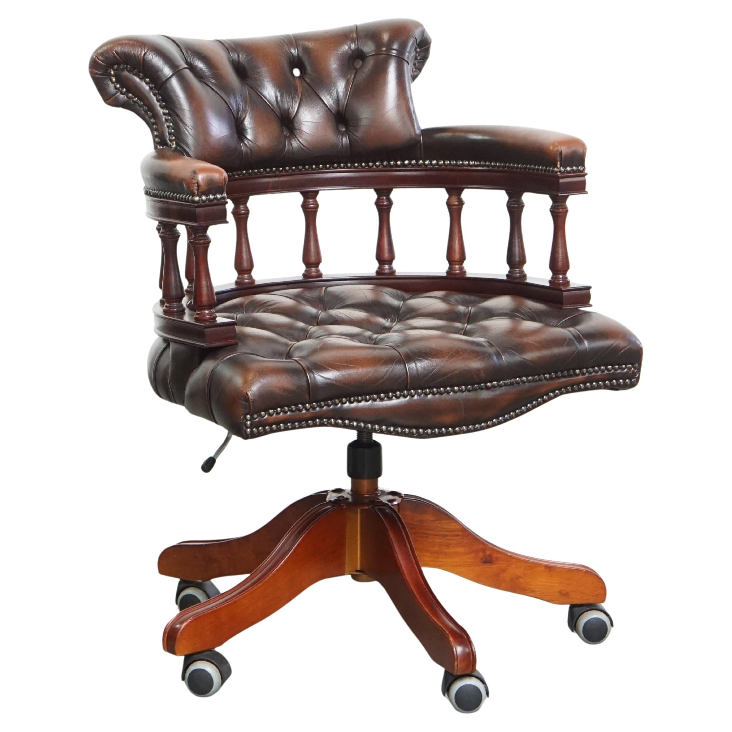 Dark Brown Chesterfield Office Chair in Cowhide Leather and Wood