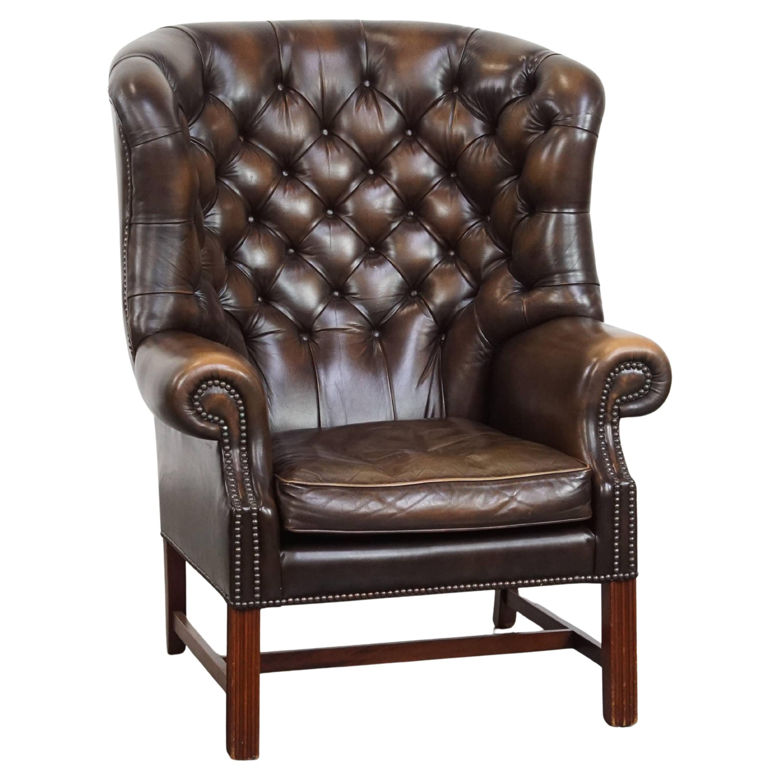 Dark Brown Cowhide Leather Chesterfield Wingback Chair