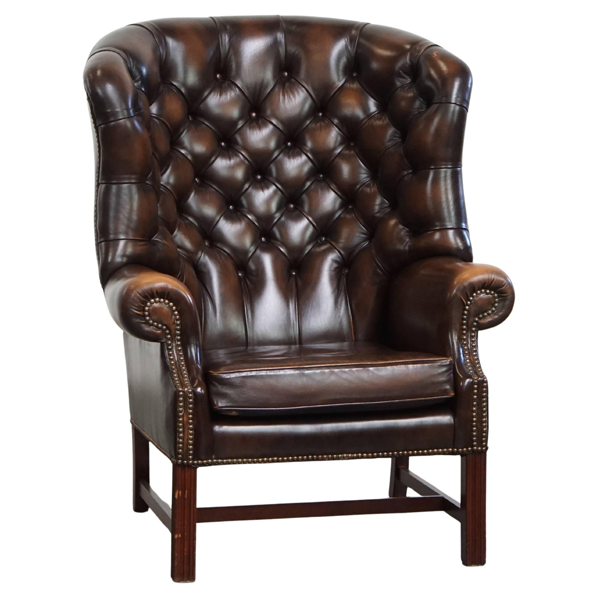 Dark Brown Cowhide Leather Chesterfield Wingback Chair