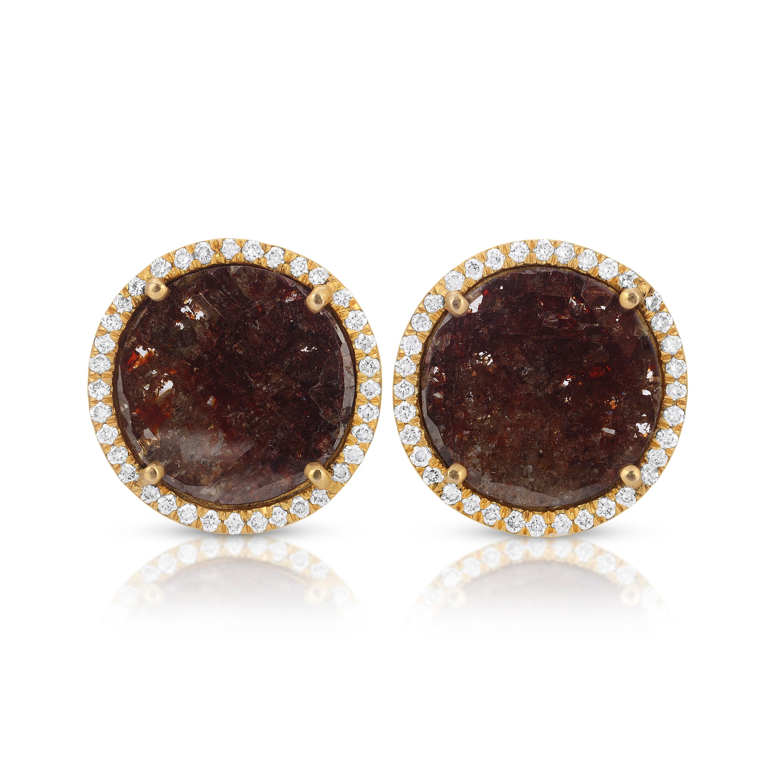 Contemporary Dark Brown Diamond Slice Studs with Diamond Pave Halo For Sale