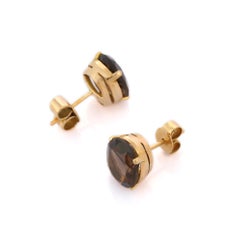 Dark Brown Elleptical Oval Smoky Quartz Stud Earrings in 18K Solid Yellow Gold