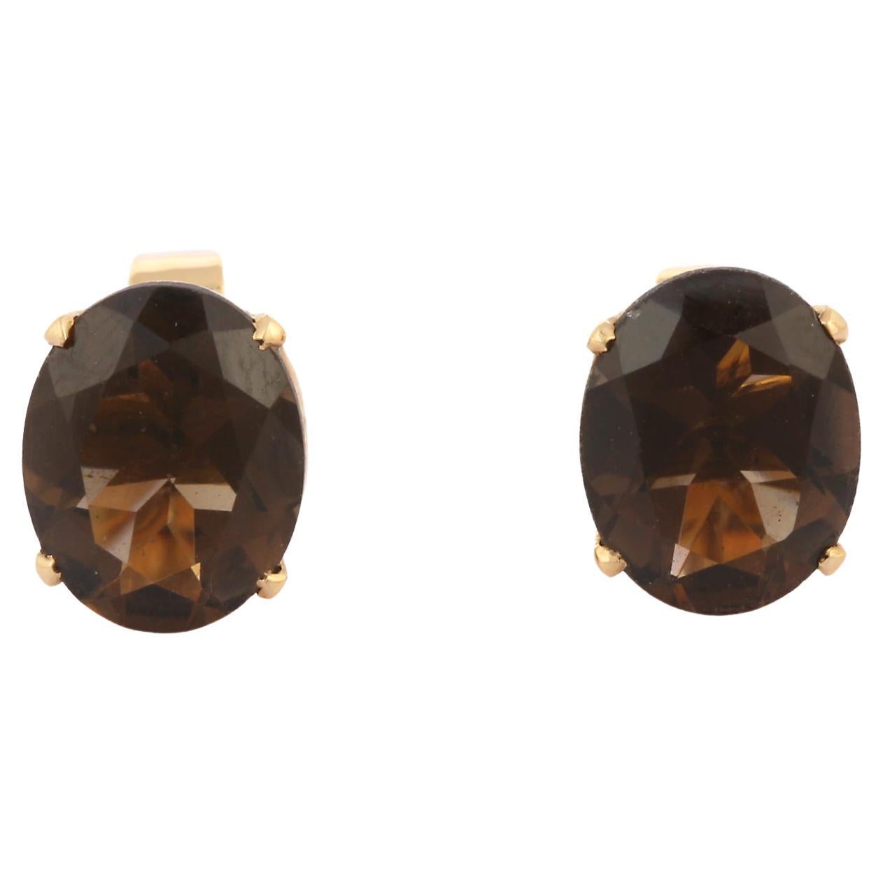 Dark Brown Elleptical Oval Smoky Quartz Stud Earrings in 18K Solid Yellow Gold 