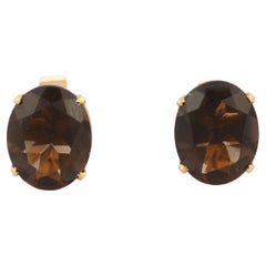 Dark Brown Elleptical Oval Smoky Quartz Stud Earrings in 18K Solid Yellow Gold 