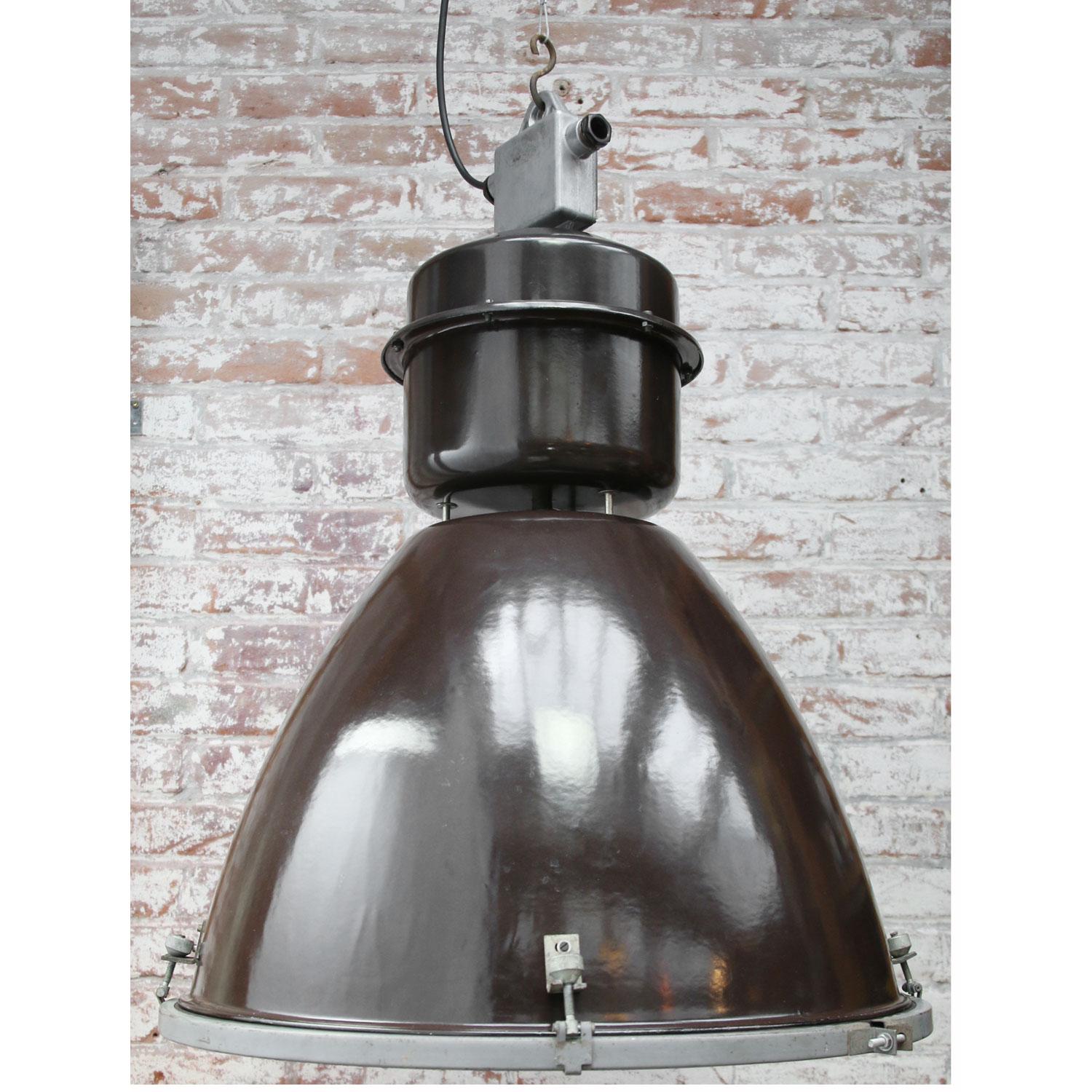 Dark Brown Enamel Vintage Industrial Clear Glass Factory Pendant Lamps In Good Condition For Sale In Amsterdam, NL