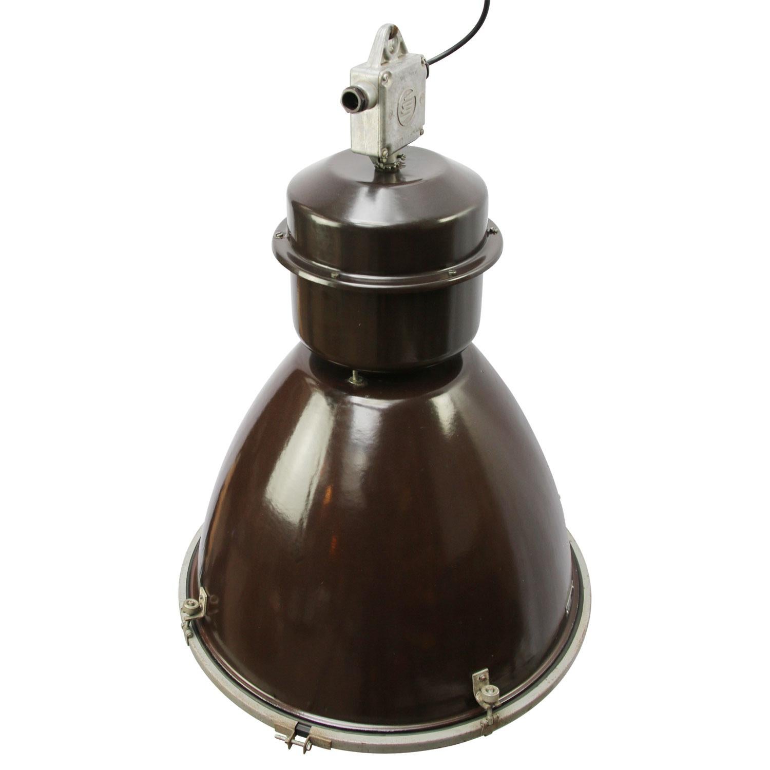 20th Century Dark Brown Enamel Vintage Industrial Clear Glass Factory Pendant Lamps For Sale