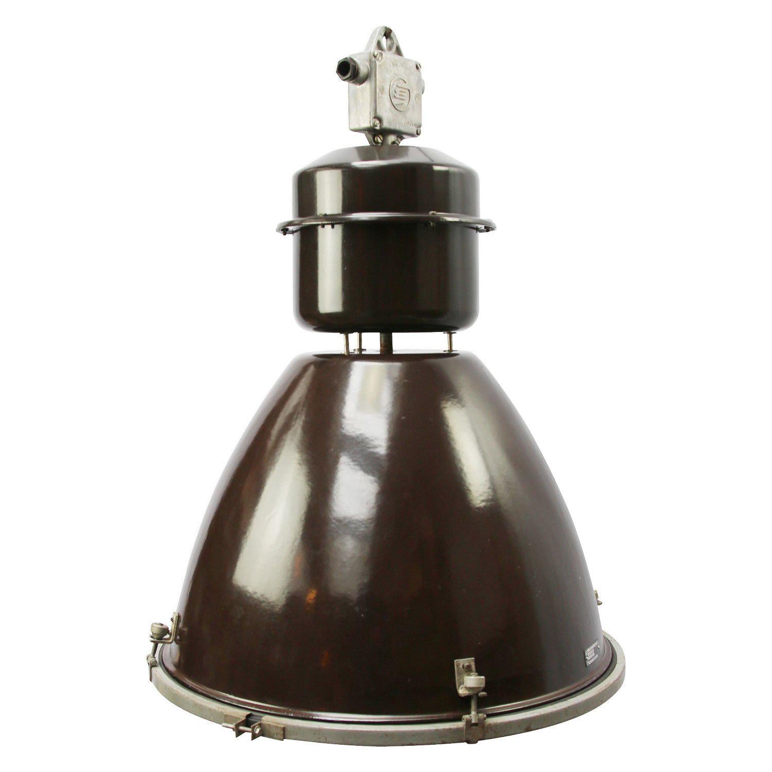 Dark Brown Enamel Vintage Industrial Clear Glass Factory Pendant Lamps For Sale