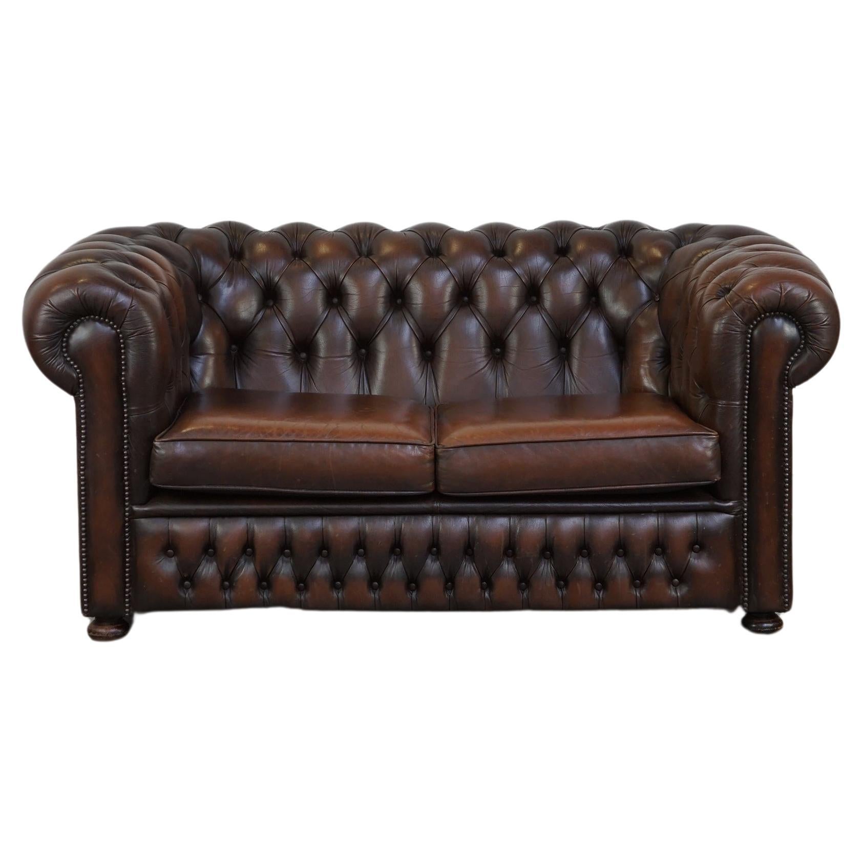 Dark brown flamed cowhide English 2.5 seater Chesterfield sofa For Sale ...