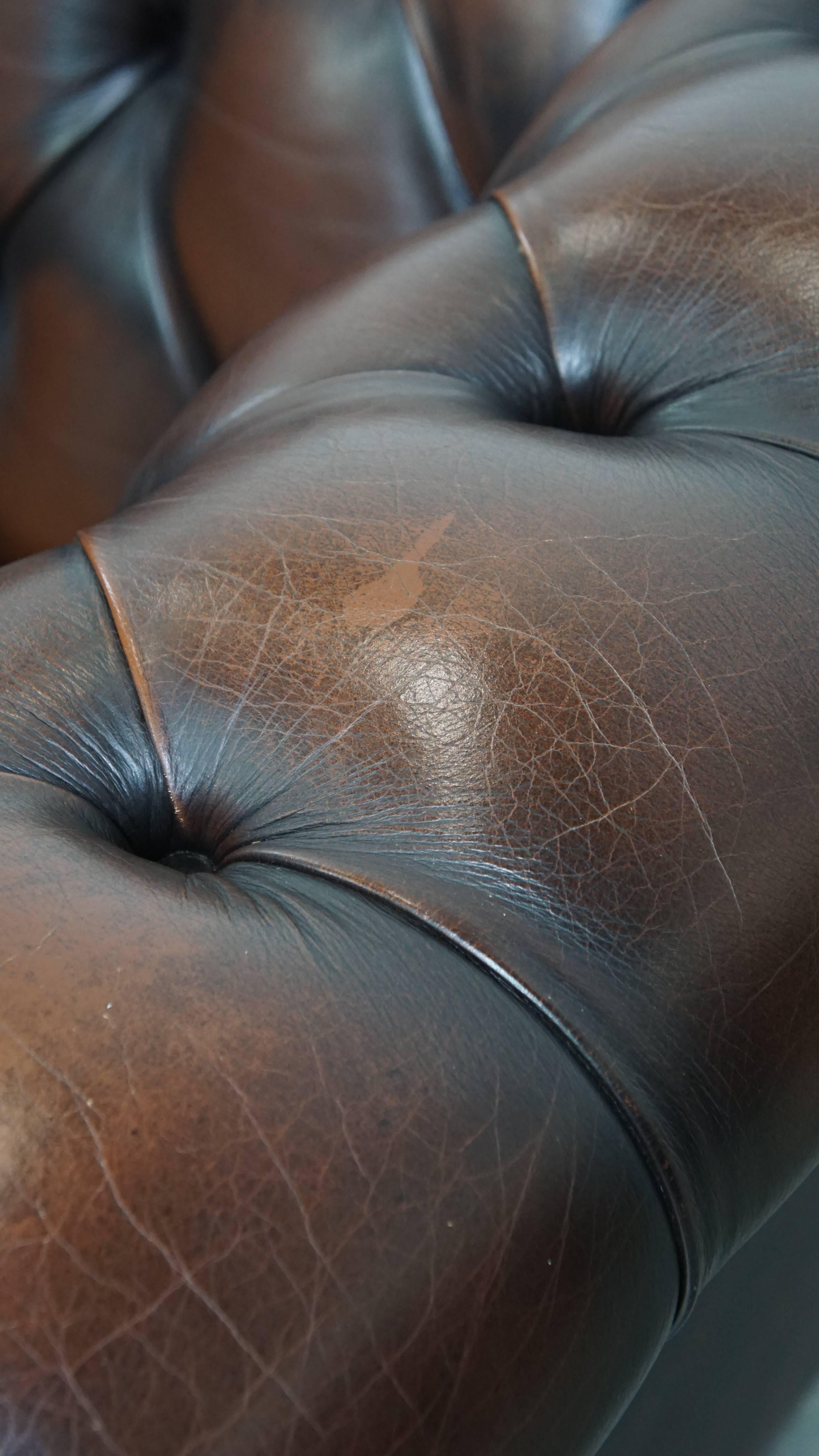 Dark brown English cowhide leather chesterfield armchair en venta 8