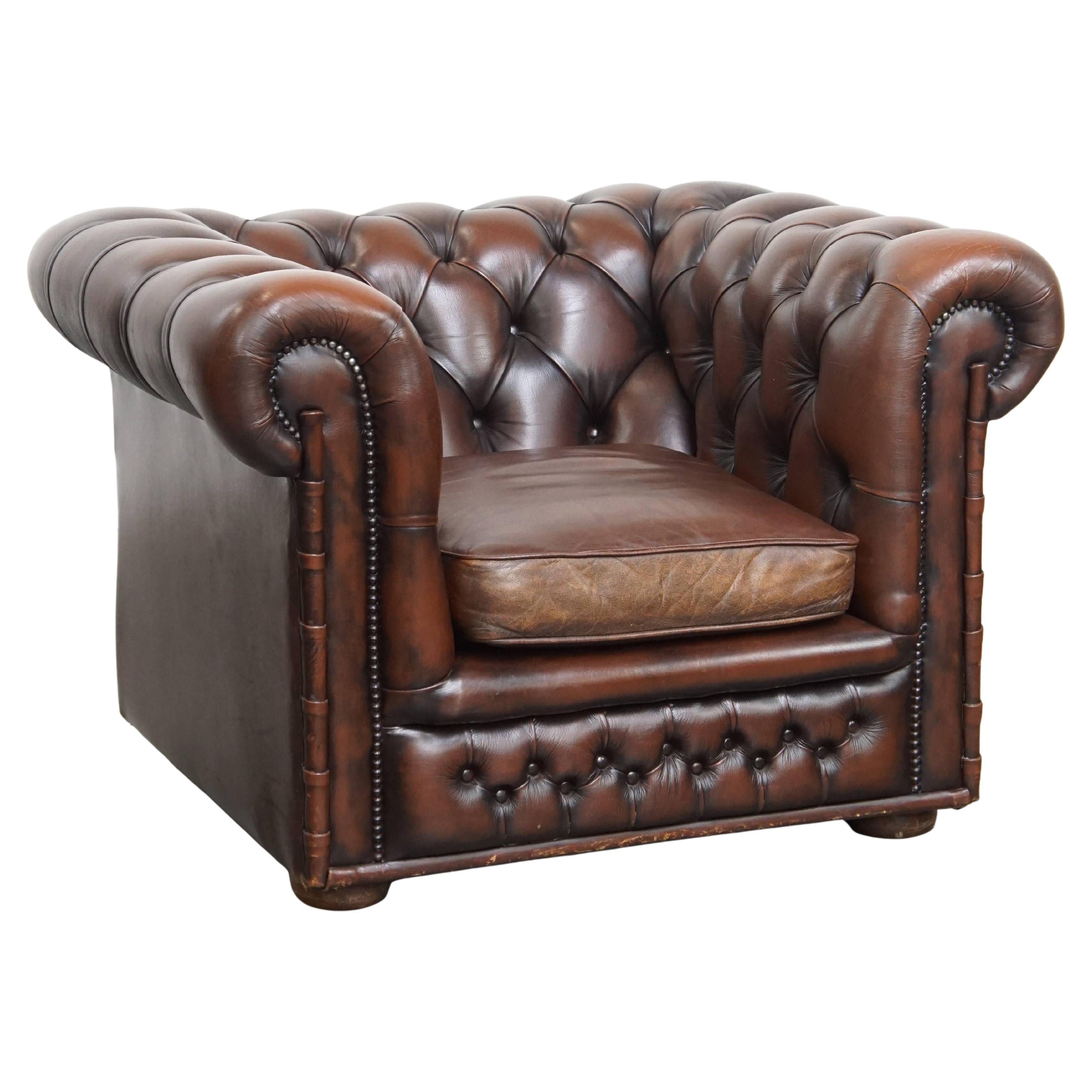 Dark brown English cowhide leather chesterfield armchair