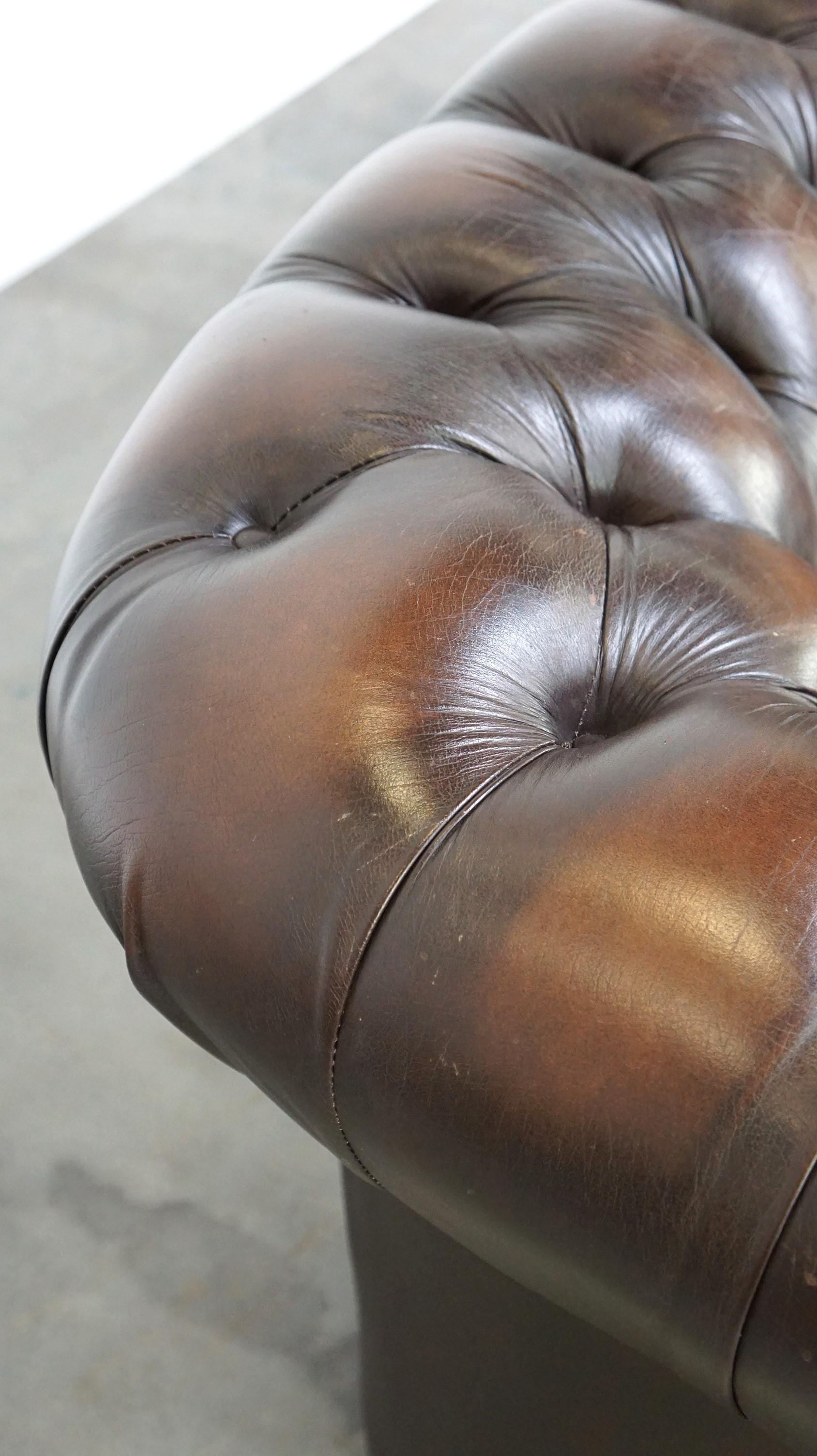 Dunkelbraunes geflammtes Rindsleder Englisches 2,5-Sitzer Chesterfield Sofa im Angebot 8