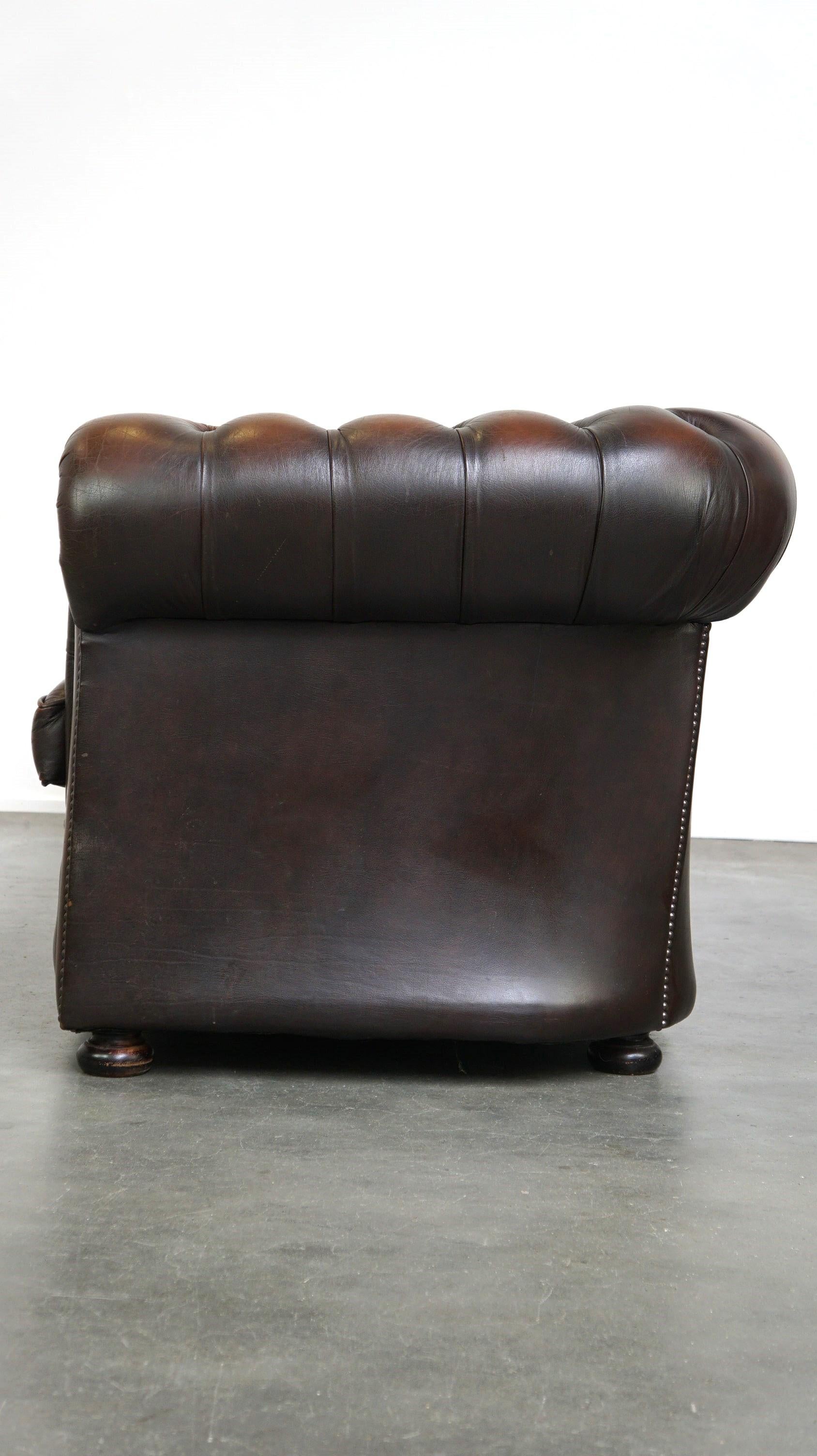 Dunkelbraunes geflammtes Rindsleder Englisches 2,5-Sitzer Chesterfield Sofa im Zustand „Relativ gut“ im Angebot in Harderwijk, NL