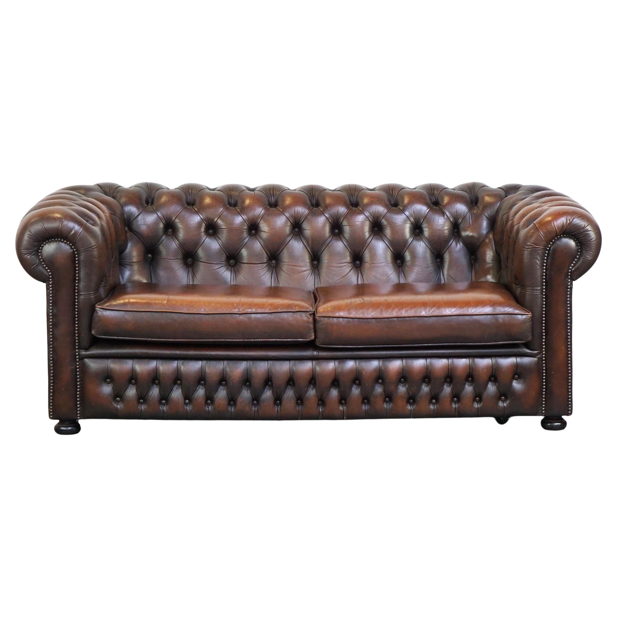 Dark brown flamed cowhide English 2.5 seater Chesterfield sofa