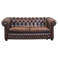 Dark brown flamed cowhide English 2.5 seater Chesterfield sofa