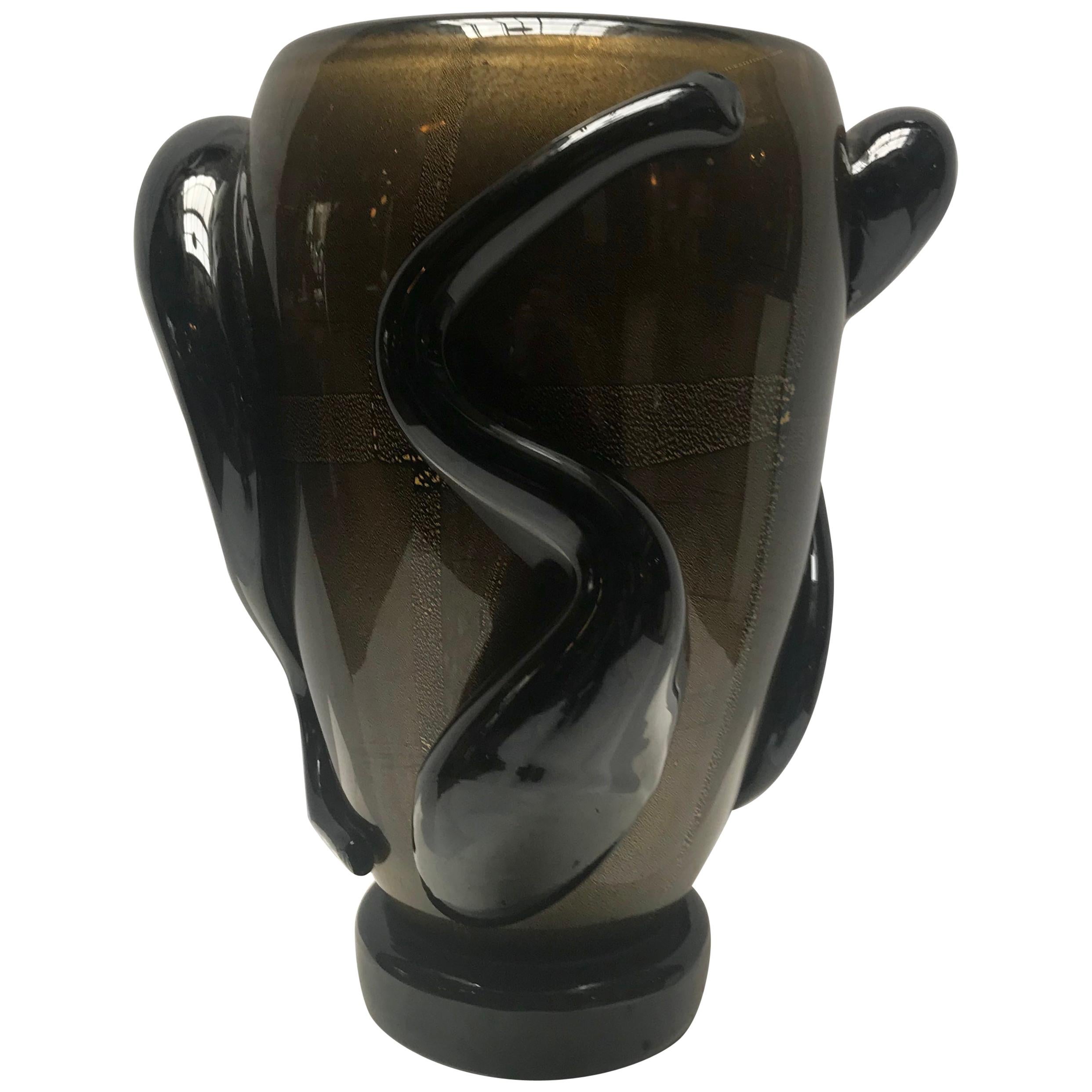 Dark Brown and Gold Murano Glass Vases by Costantini For Sale