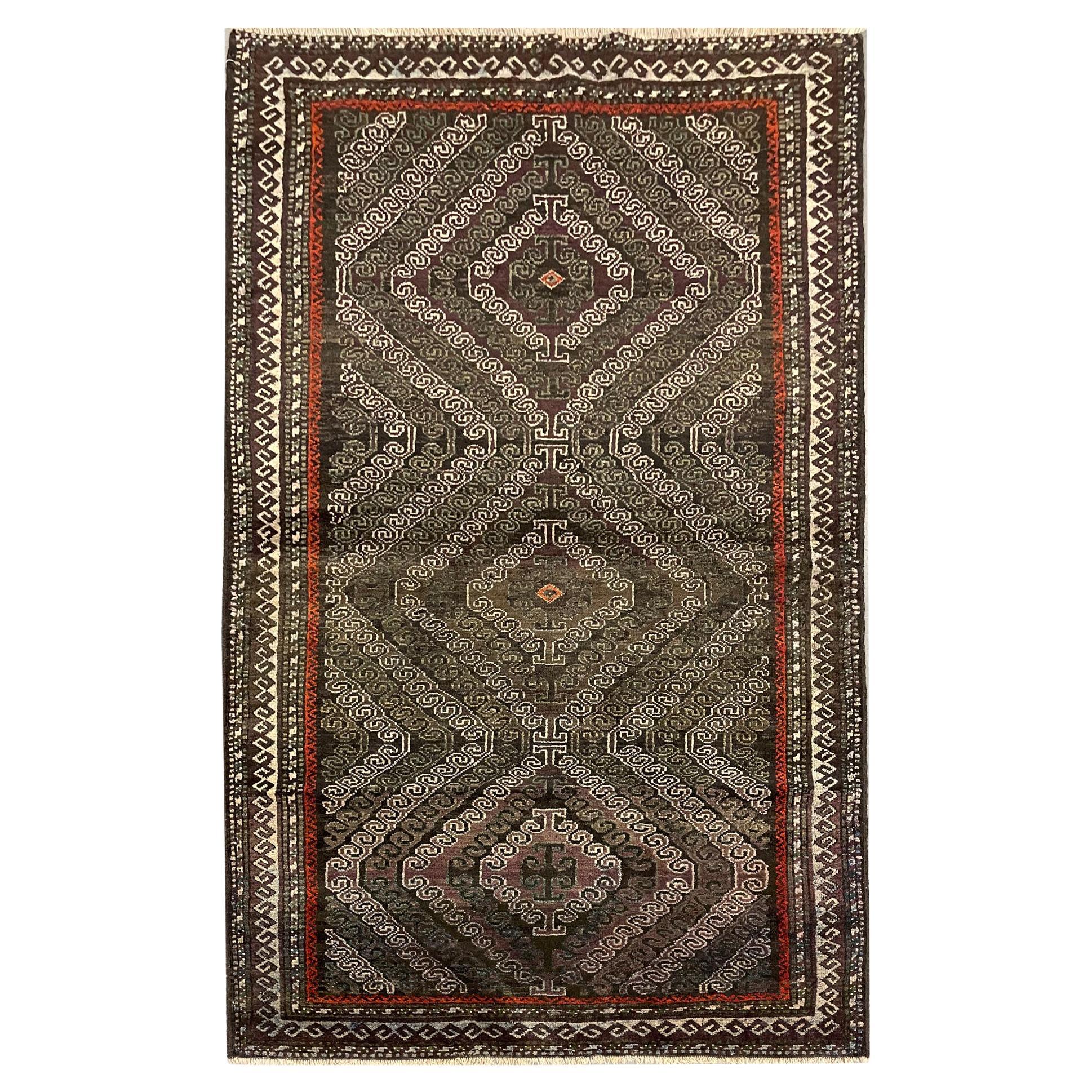 Dunkelbrauner handgefertigter Teppich Balouch Area Rug, Persische Wolle Zig Zag Vintage Teppiche