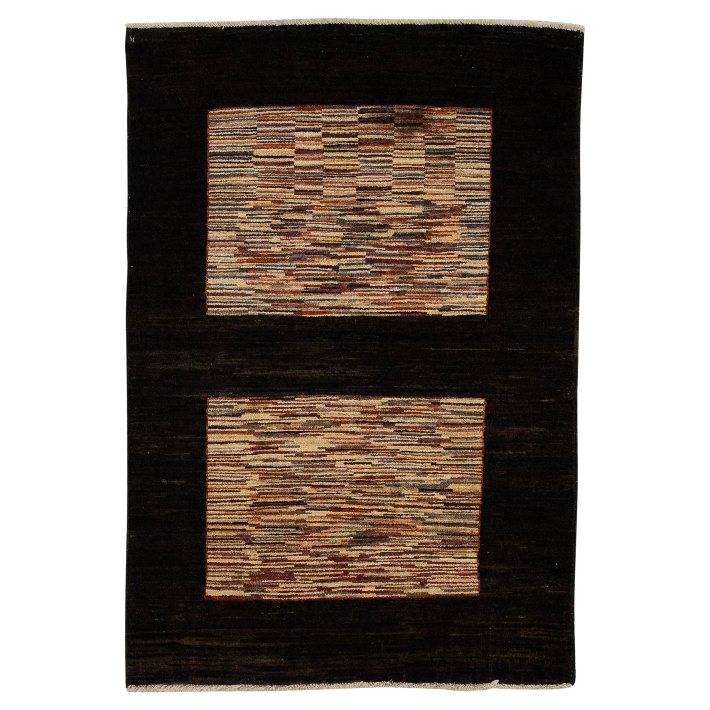 Alfombra Oushak Turca de Lana Tejida a Mano Marrón Oscuro con Diseño de Rayas de Colores 3'3 x 4'9 en venta