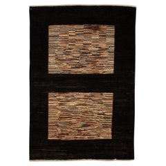 Alfombra Oushak Turca de Lana Tejida a Mano Marrón Oscuro con Diseño de Rayas de Colores 3'3 x 4'9