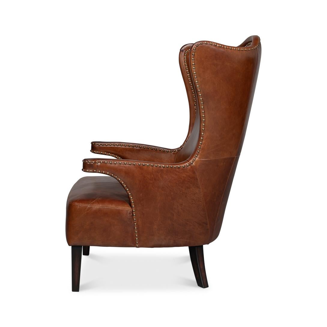 American Classical Dark Brown High Back Leather Wing Chair For Sale