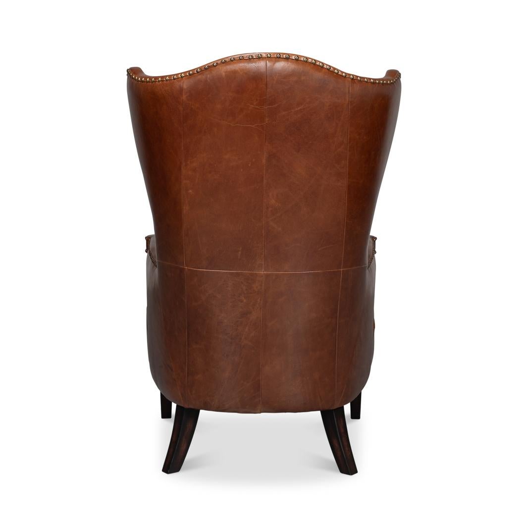 Asian Dark Brown High Back Leather Wing Chair For Sale