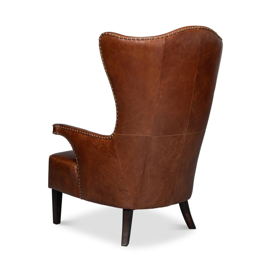 Dark Brown High Back Leather Wing Chair In New Condition For Sale In Westwood, NJ
