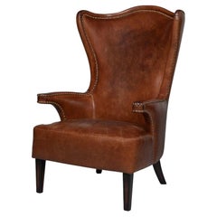 Dark Brown High Back Leather Wing Chair