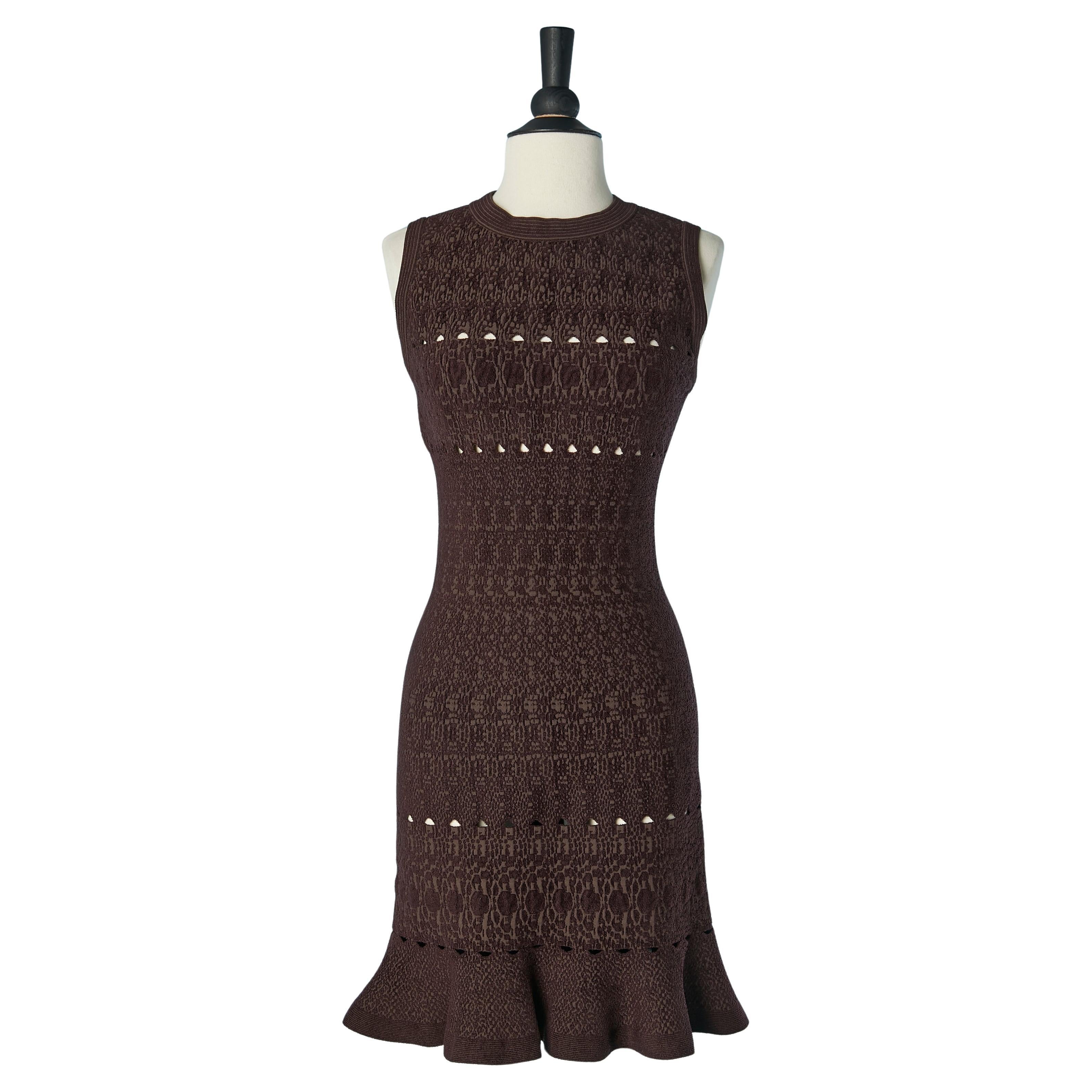 Robe de cocktail sans manches et transparente en jacquard marron foncé ALAIA en vente