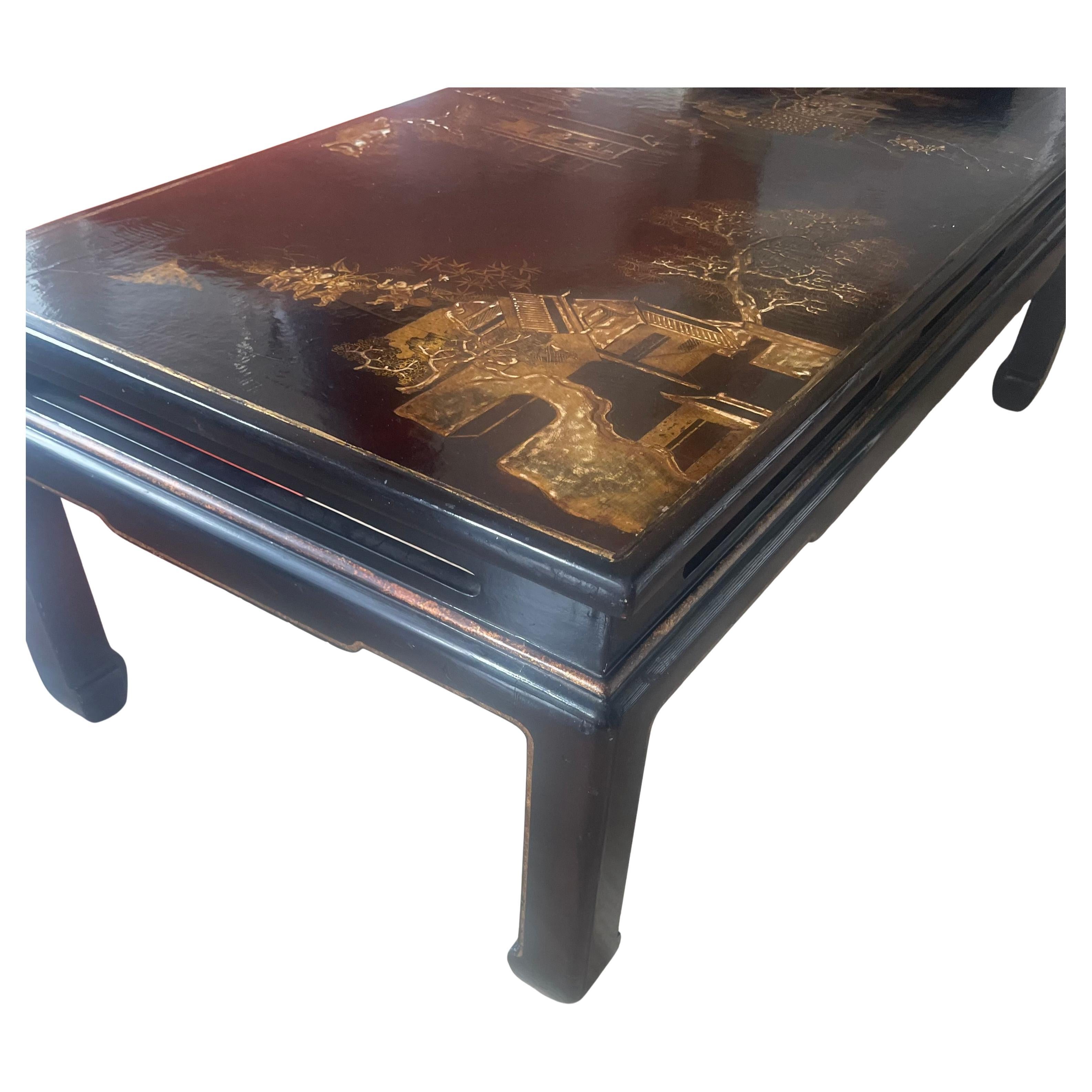 Wood Dark Brown Lacquer Chinese Coffee Table with Gold Paint, China Around 1960. For Sale