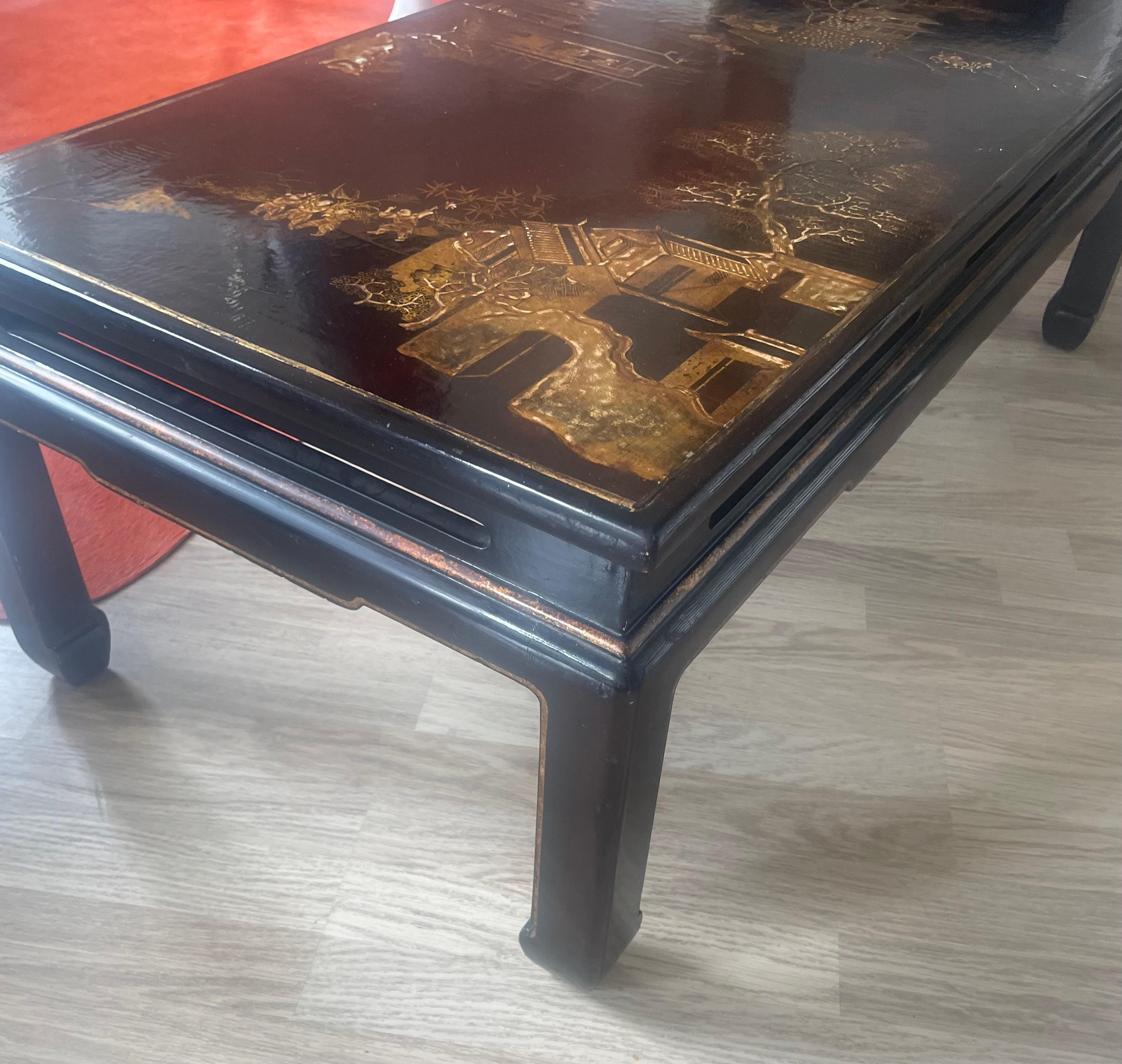 Dark Brown Lacquer Chinese Coffee Table with Gold Paint, China Around 1960. For Sale 2