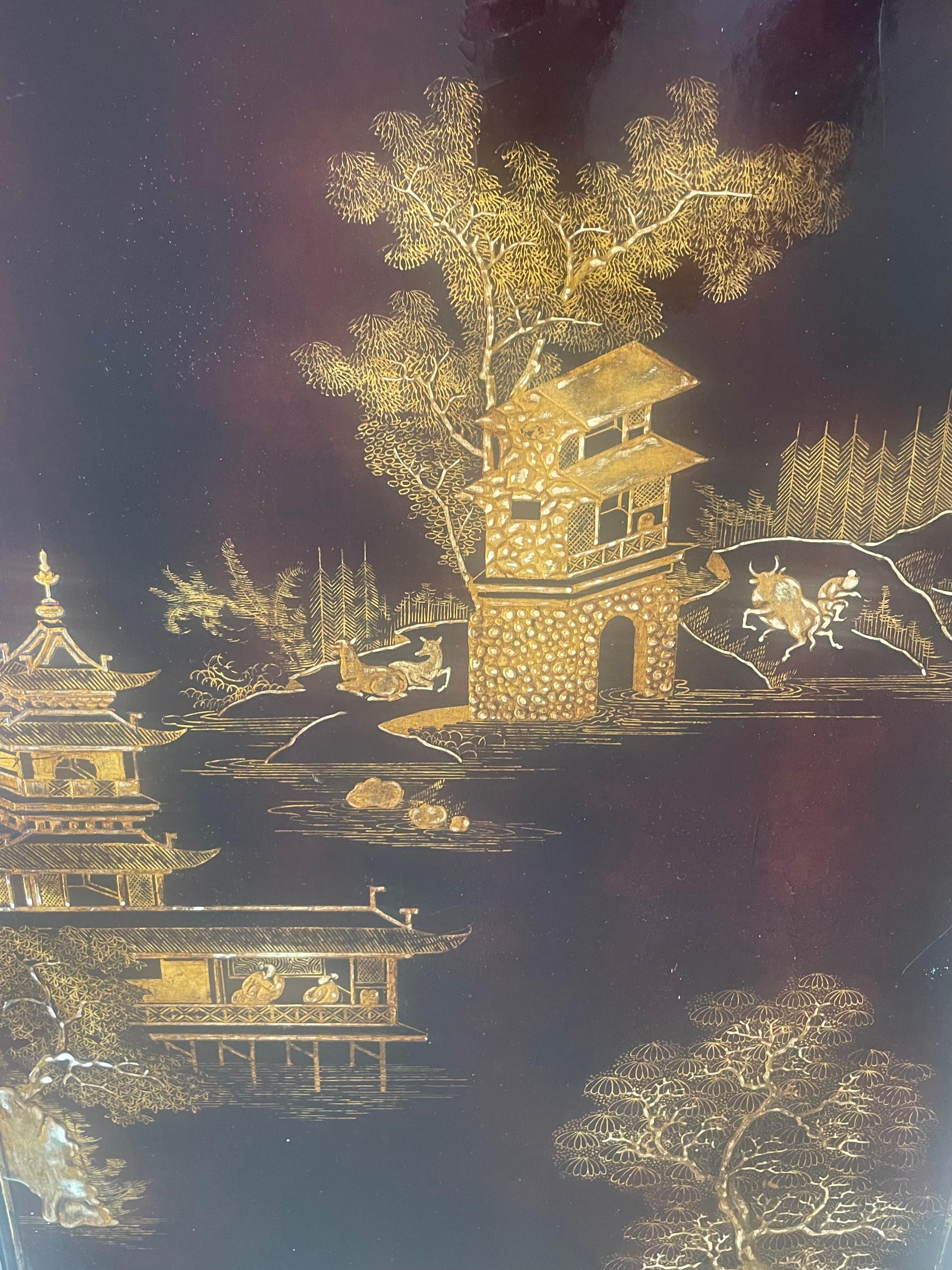 Dark Brown Lacquer Chinese Coffee Table with Gold Paint, China Around 1960. For Sale 3