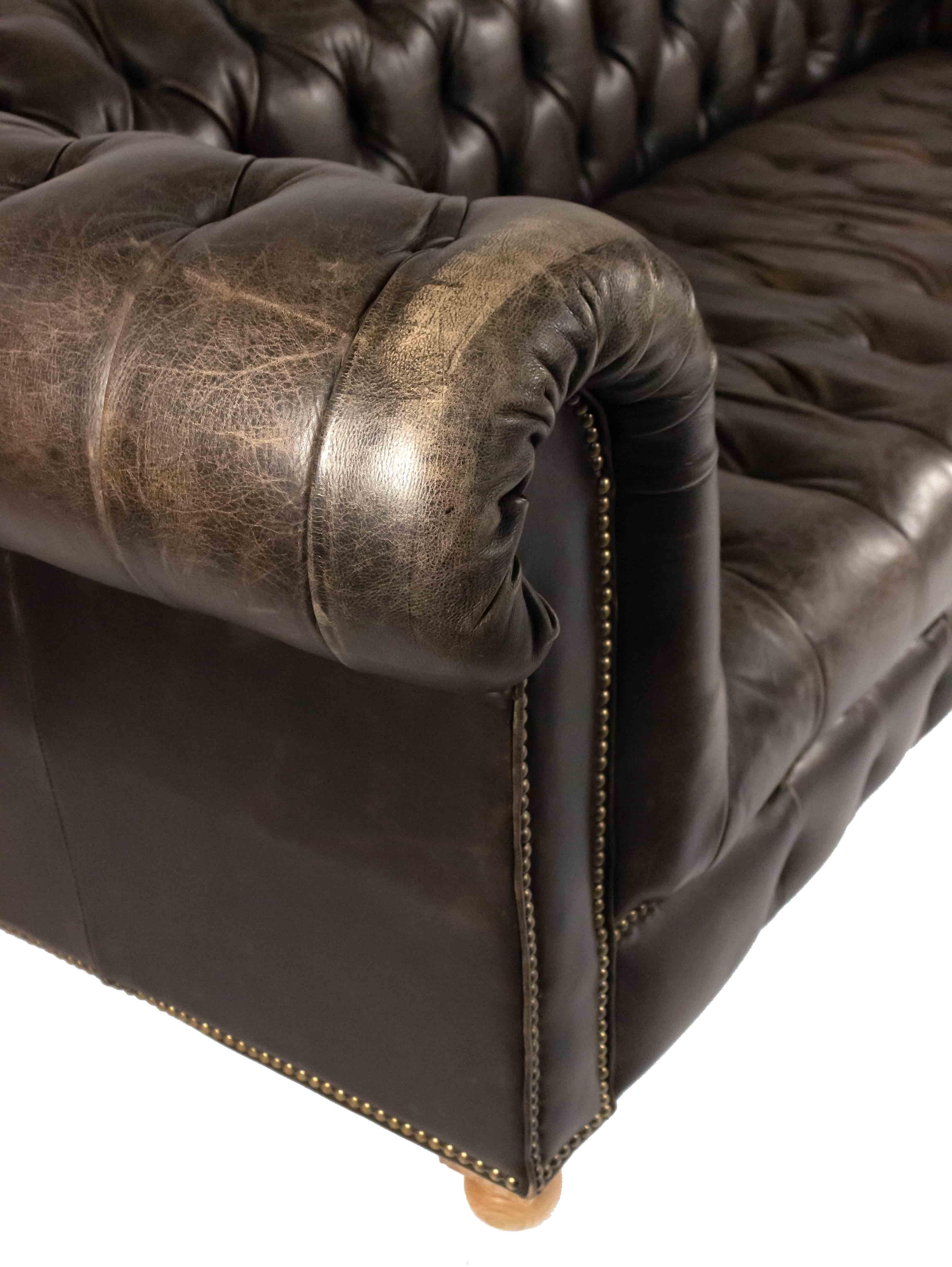 Brass Dark Brown Leather Chesterfield Sofa