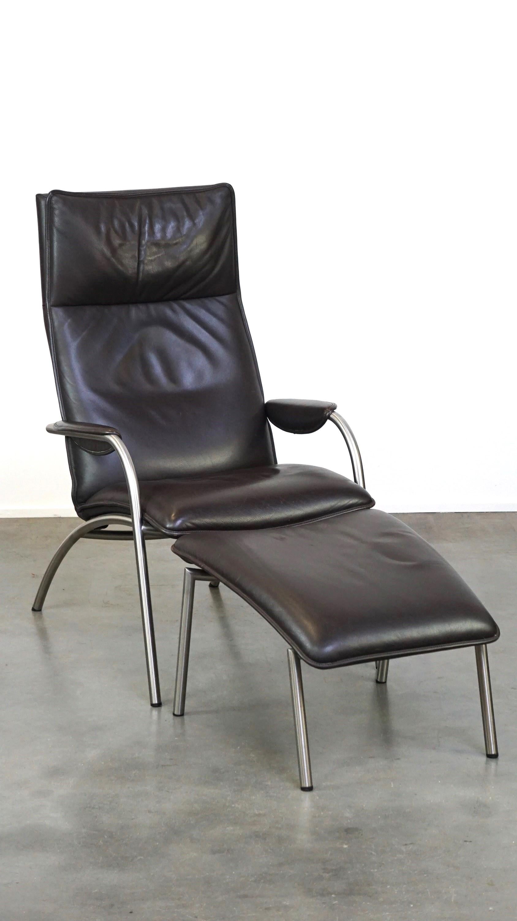 Swiss Dark brown leather design armchair + footstool De Sede DS 270 For Sale