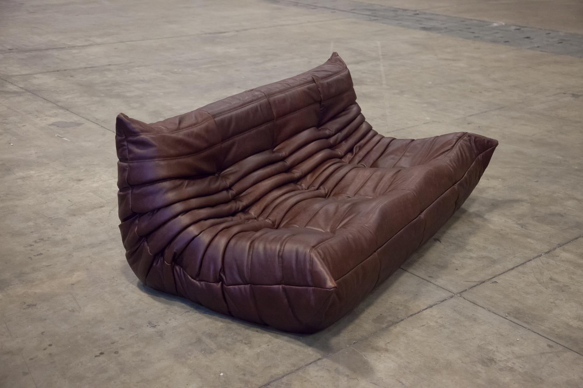 Dark Brown Leather Togo Living Room Set by Michel Ducaroy for Ligne Roset For Sale 9