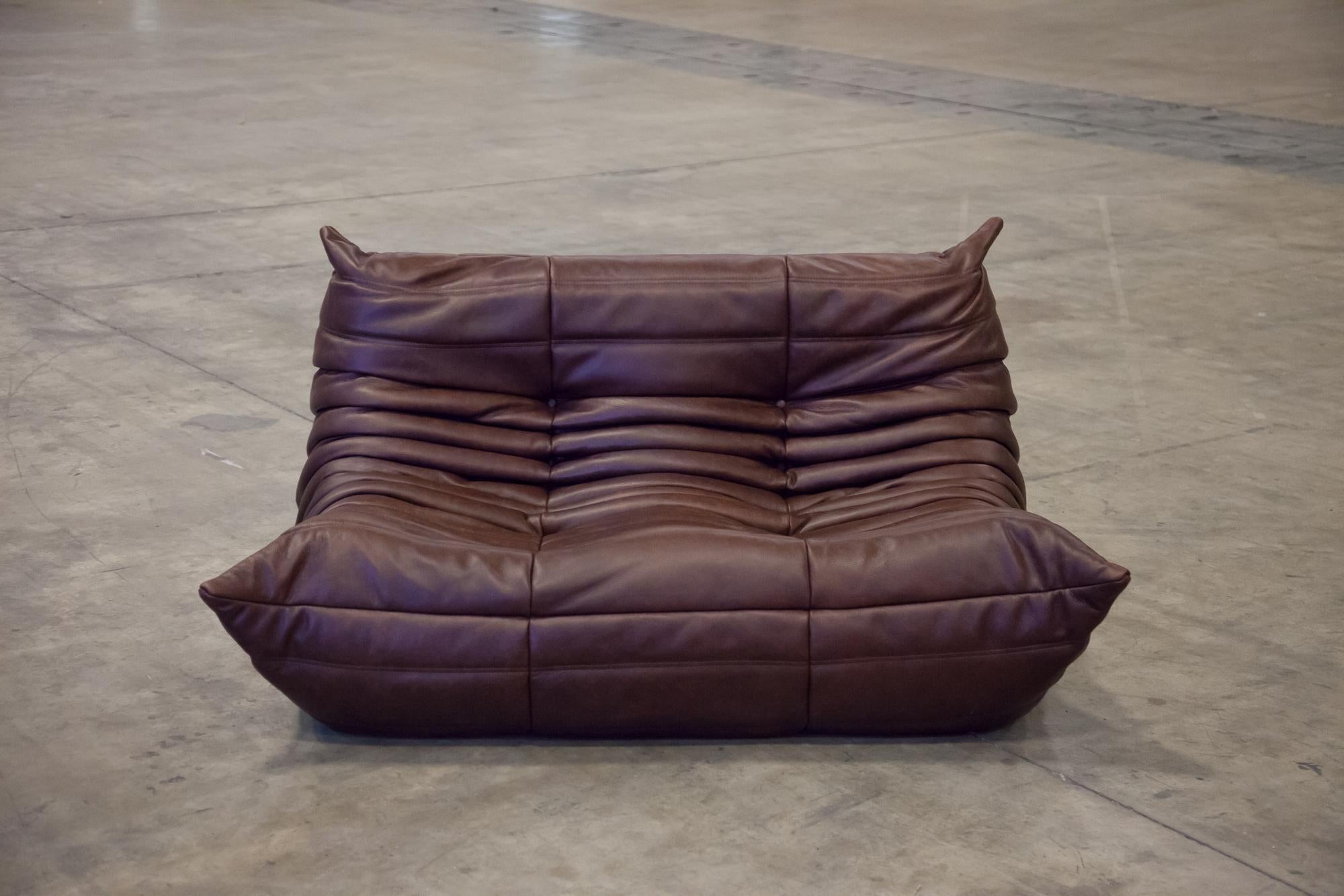 Late 20th Century Dark Brown Leather Togo Living Room Set by Michel Ducaroy for Ligne Roset For Sale