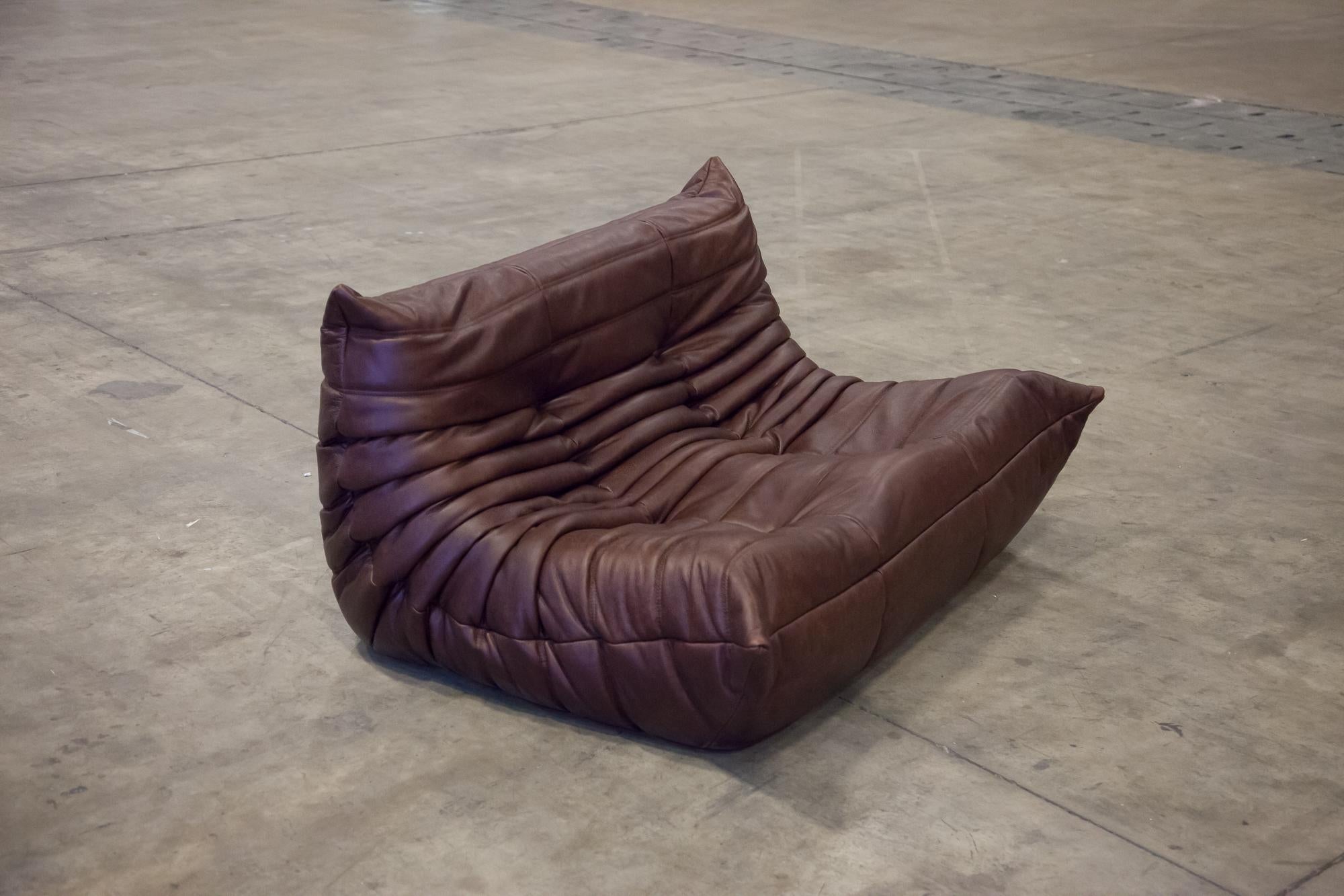 Dark Brown Leather Togo Living Room Set by Michel Ducaroy for Ligne Roset For Sale 1