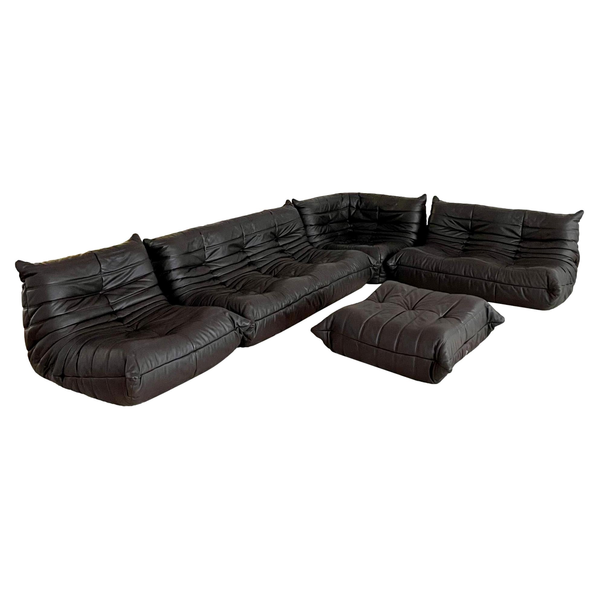 Dunkelbraunes Togo-Set aus Leder von Ligne Roset, 1980er Jahre, Frankreich