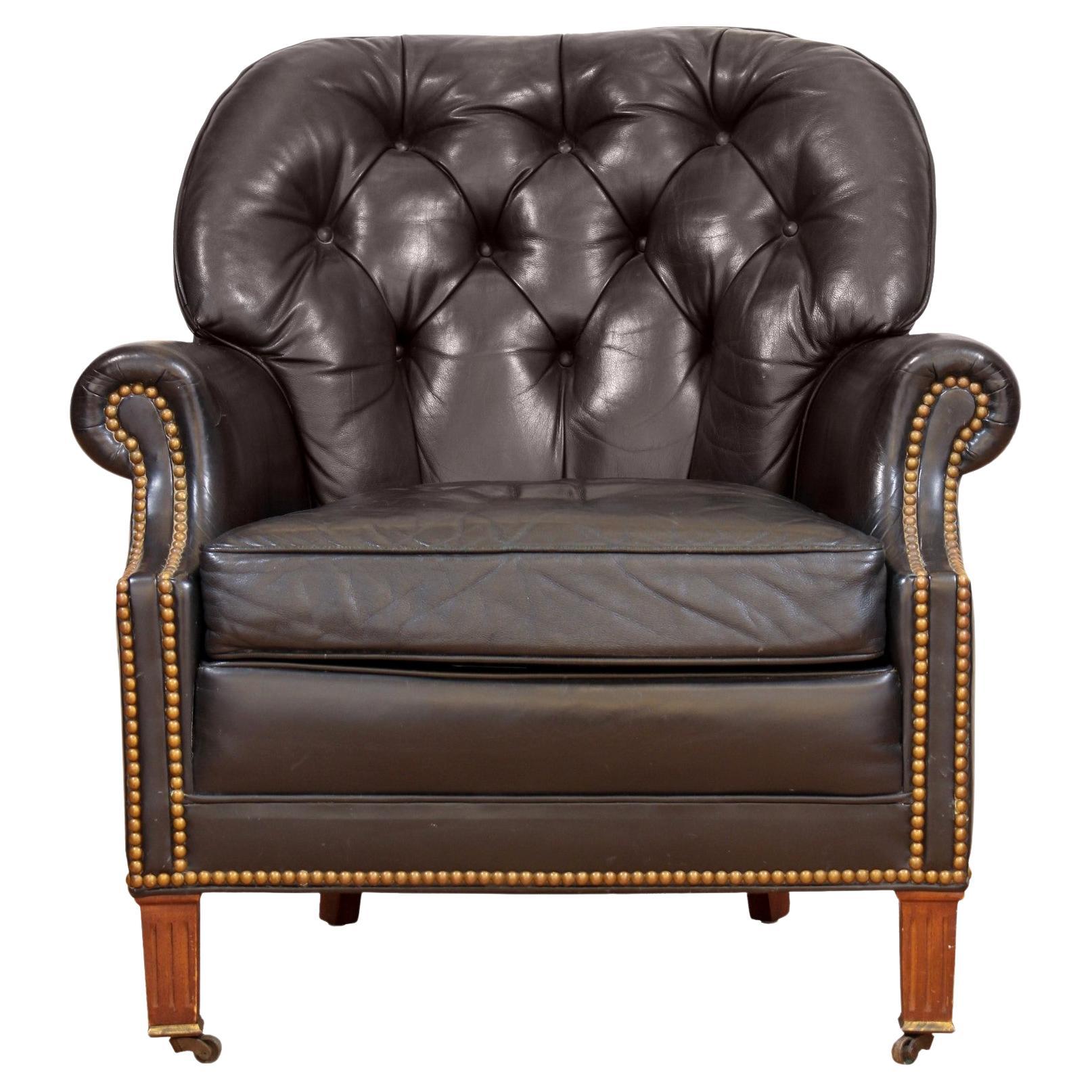 Dark Brown Leather Tufted and Studded Armchair by Hancock and Moore
