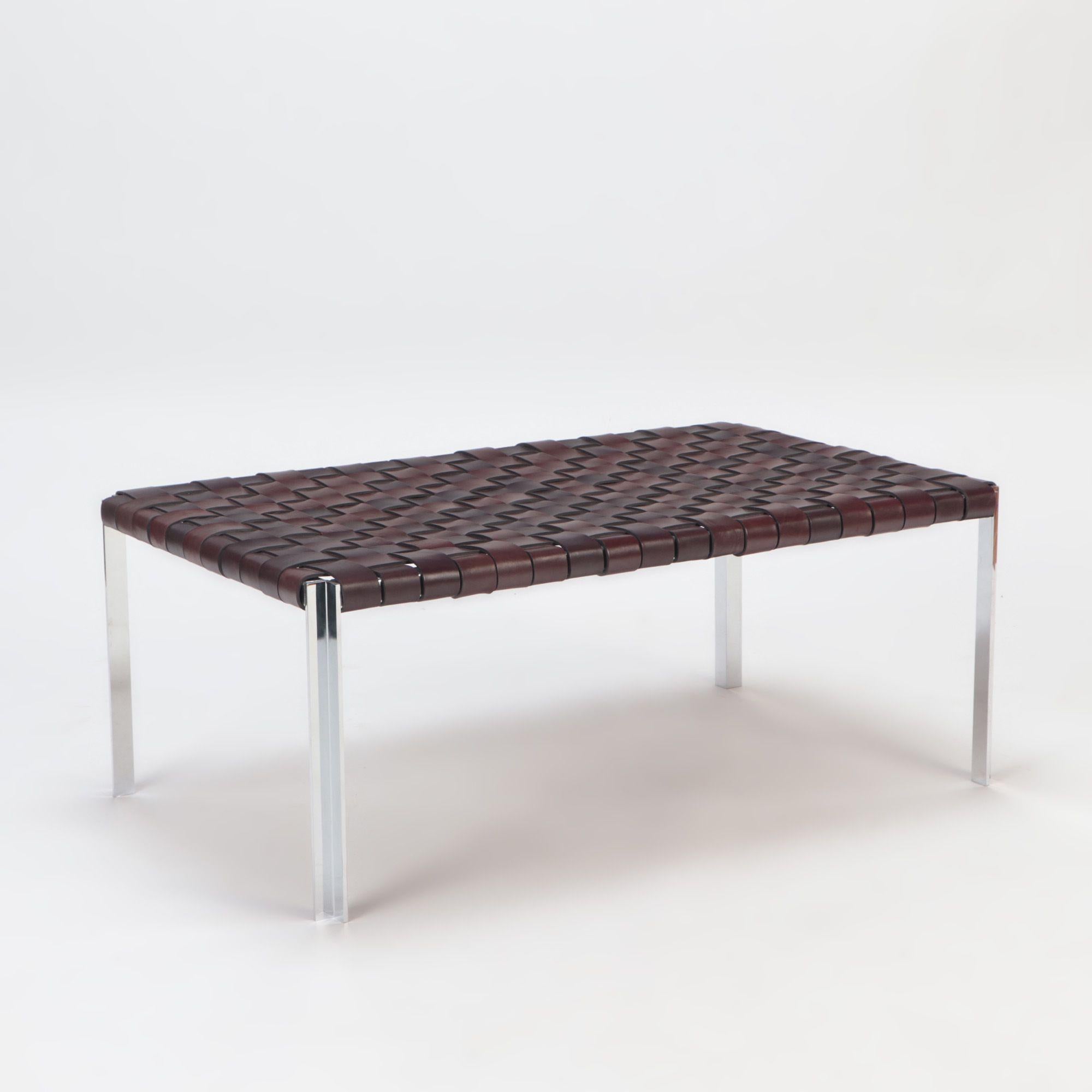 Mid-Century Modern  Dark brown leather with polished chrome finish bench. Contemporary