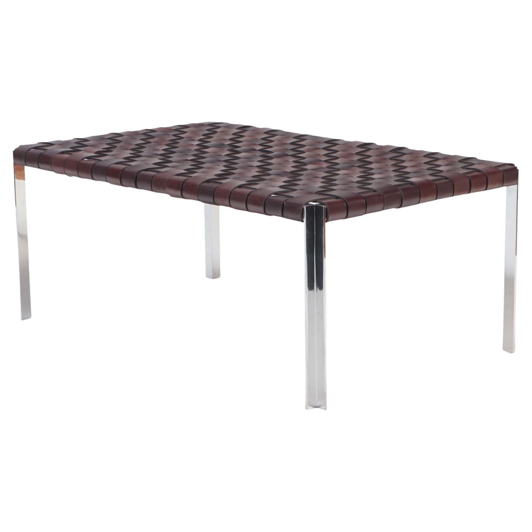  Dark brown leather with polished chrome finish bench. Contemporary